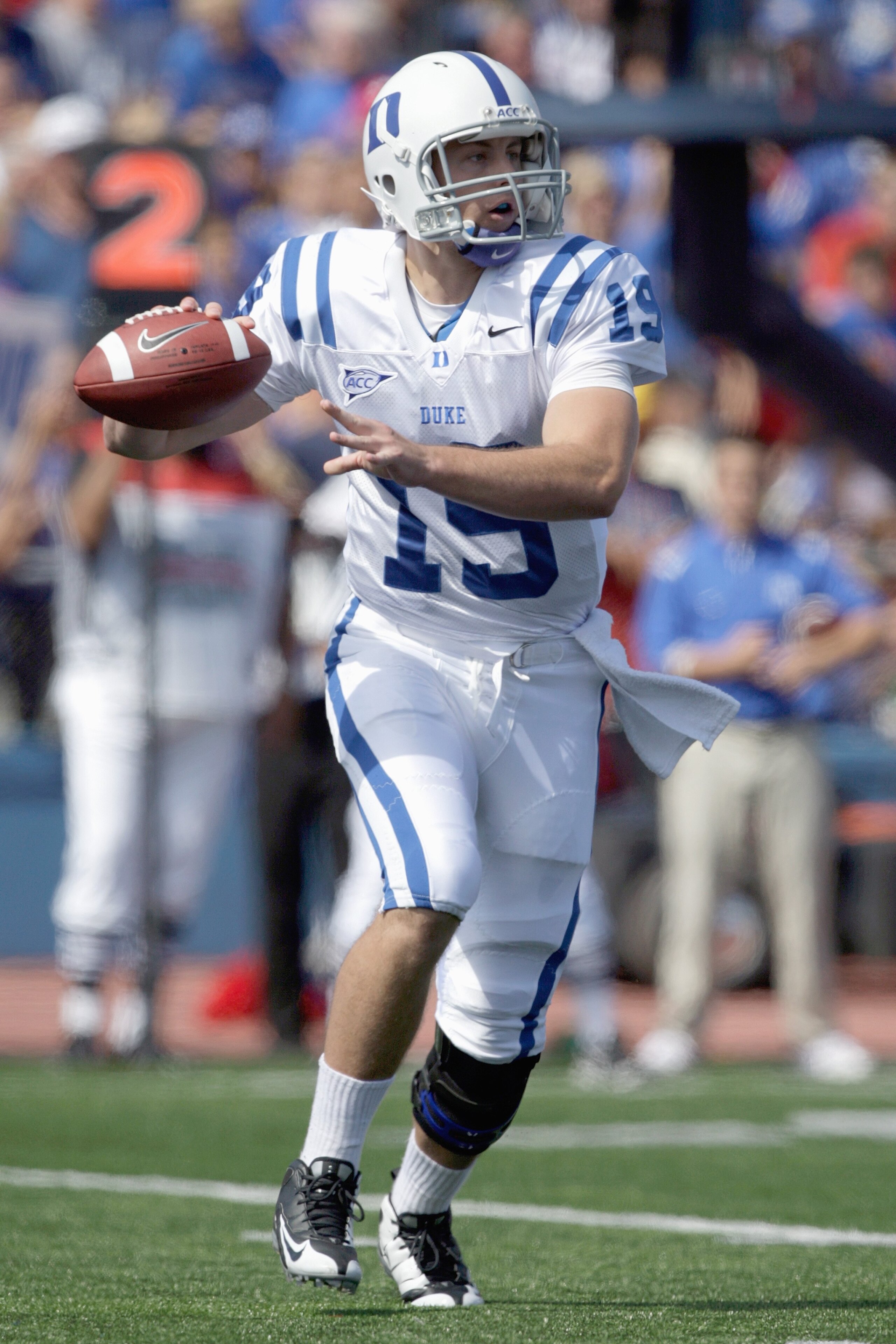 LAWRENCE, KS - SEPTEMBER 19:  Quarterback Sean Renfree #19 of the Duke Blue Devils looks to pass the ball during the game against the Kansas Jayhawks at Kivisto Field at Memorial Stadium on September 19, 2009 in Lawrence, Kansas. (Photo by Jamie Squire/Ge