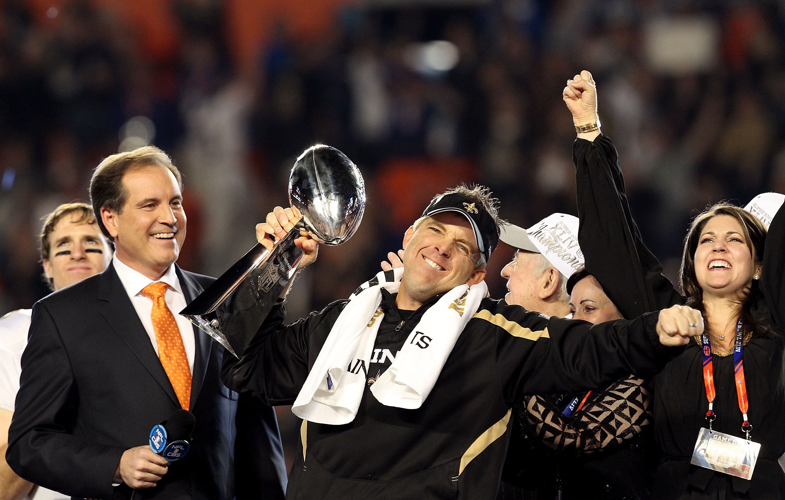 MIAMI GARDENS, FL - FEBRUARY 07:  Head coach Sean Payton of the New Orleans Saints celebrates with the Vince Lombardi Trophy after his team defeated the Indianapolis Colts during Super Bowl XLIV on February 7, 2010 at Sun Life Stadium in Miami Gardens, Fl