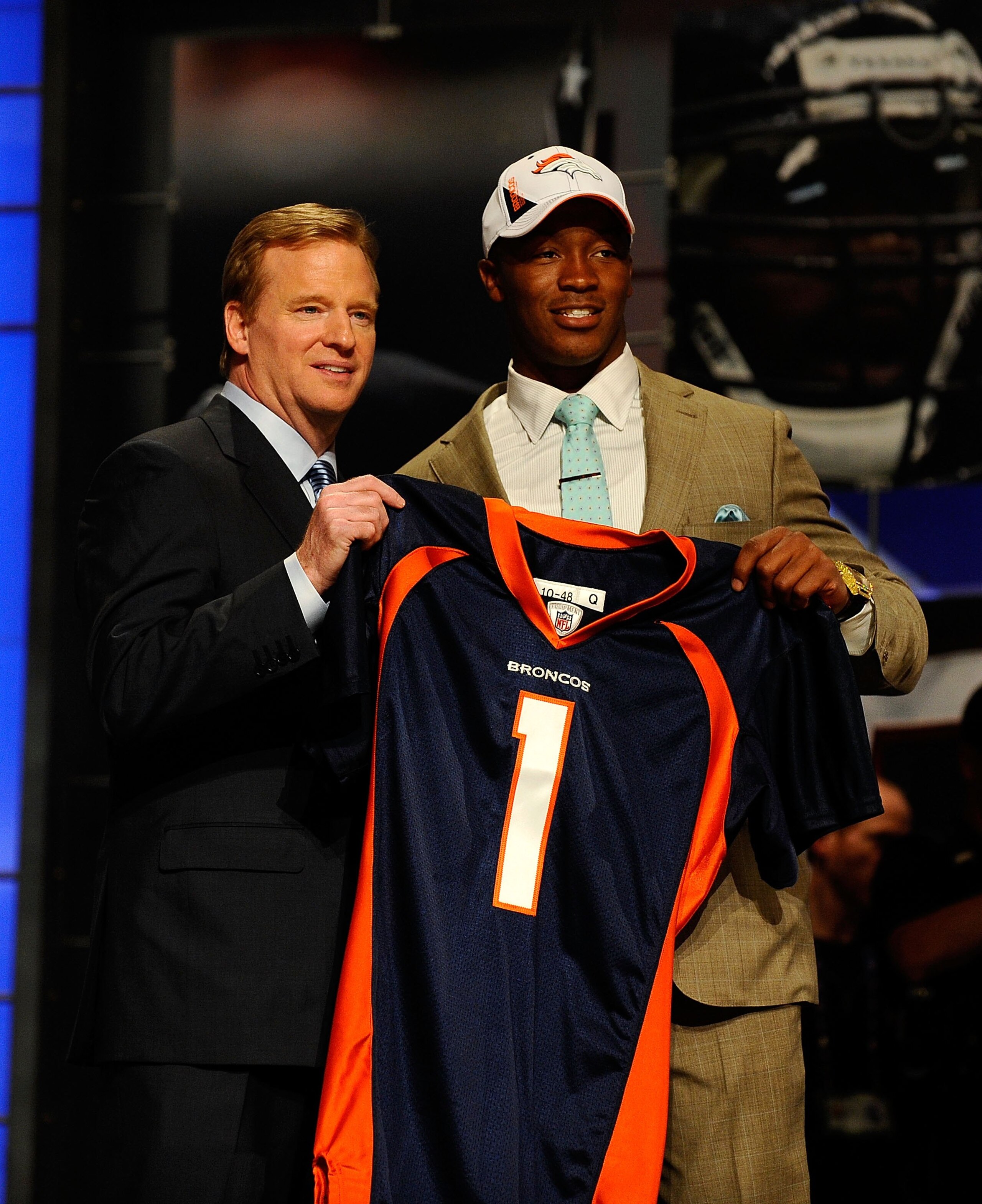 NEW YORK - APRIL 22:  Demaryius Thomas (R) from the Georgia Tech Yellow Jackets poses with NFL Commissioner Roger Goodell as they hold up a Denver Broncos jersey after Thomas was drafted by the Broncos number 22 overall during the the first round of the 2
