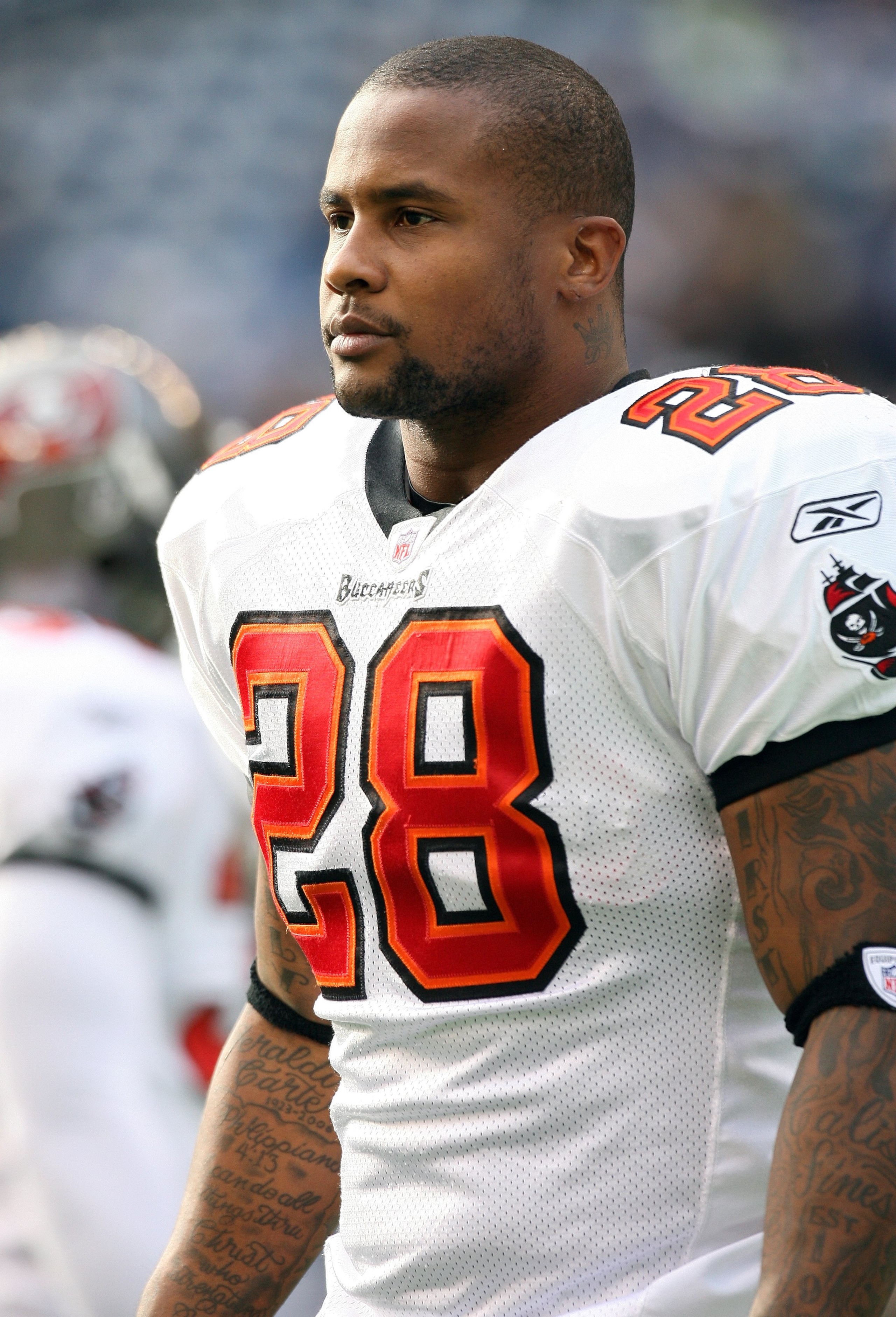 SEATTLE - DECEMBER 20:  Derrick Ward #28 of the Tampa Bay Buccaneers warms up prior to their game against the Seattle Seahawks on December 20, 2009 at Qwest Field in Seattle, Washington. The Buccaneers defeated the Seahawks 24-7. (Photo by Otto Greule Jr/