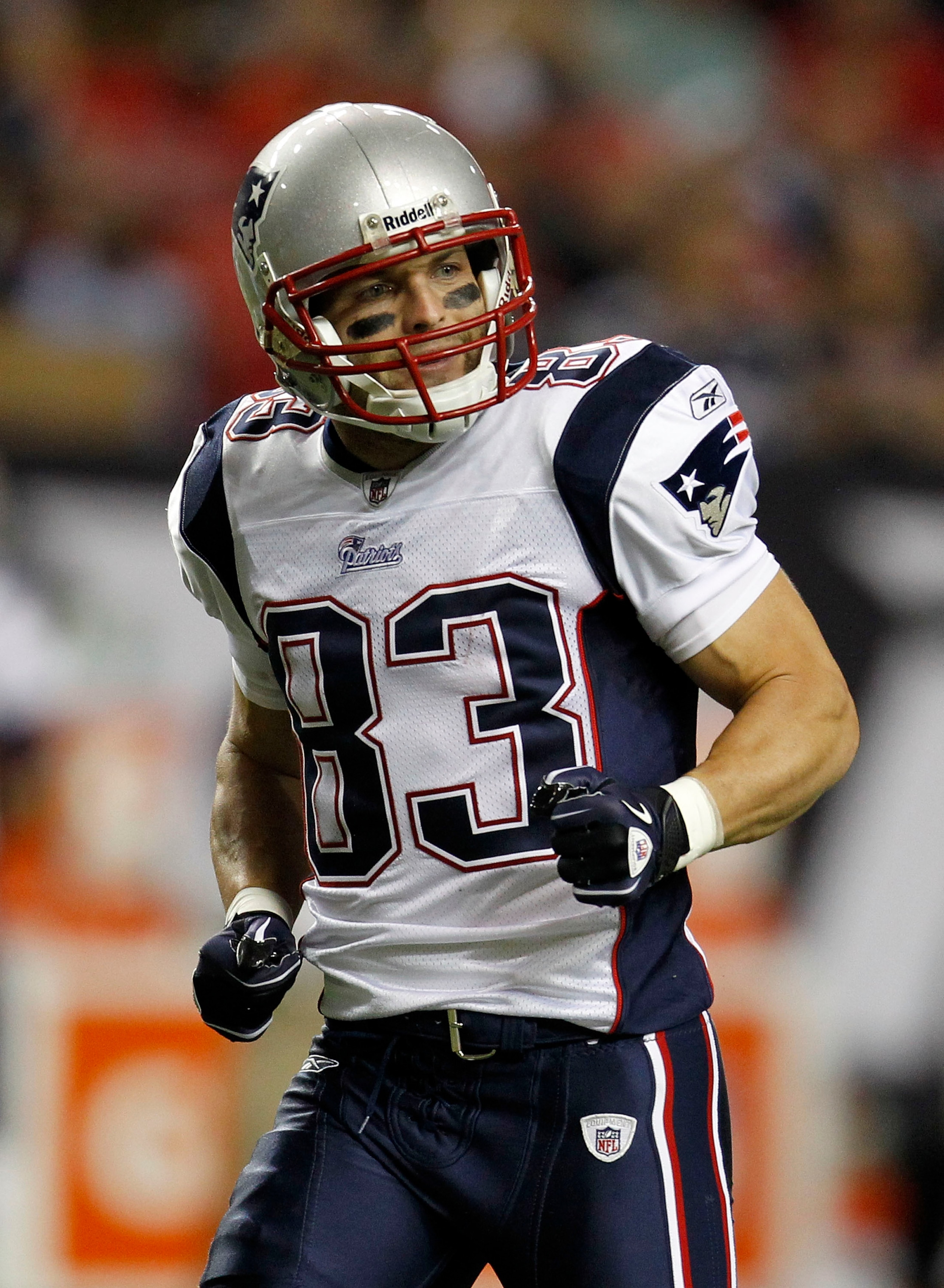 ATLANTA - AUGUST 19:  Wide receiver Wes Welker #83 of the New England Patriots reacts during the preseason game against the Atlanta Falcons at the Georgia Dome on August 19, 2010 in Atlanta, Georgia.  (Photo by Mike Zarrilli/Getty Images)