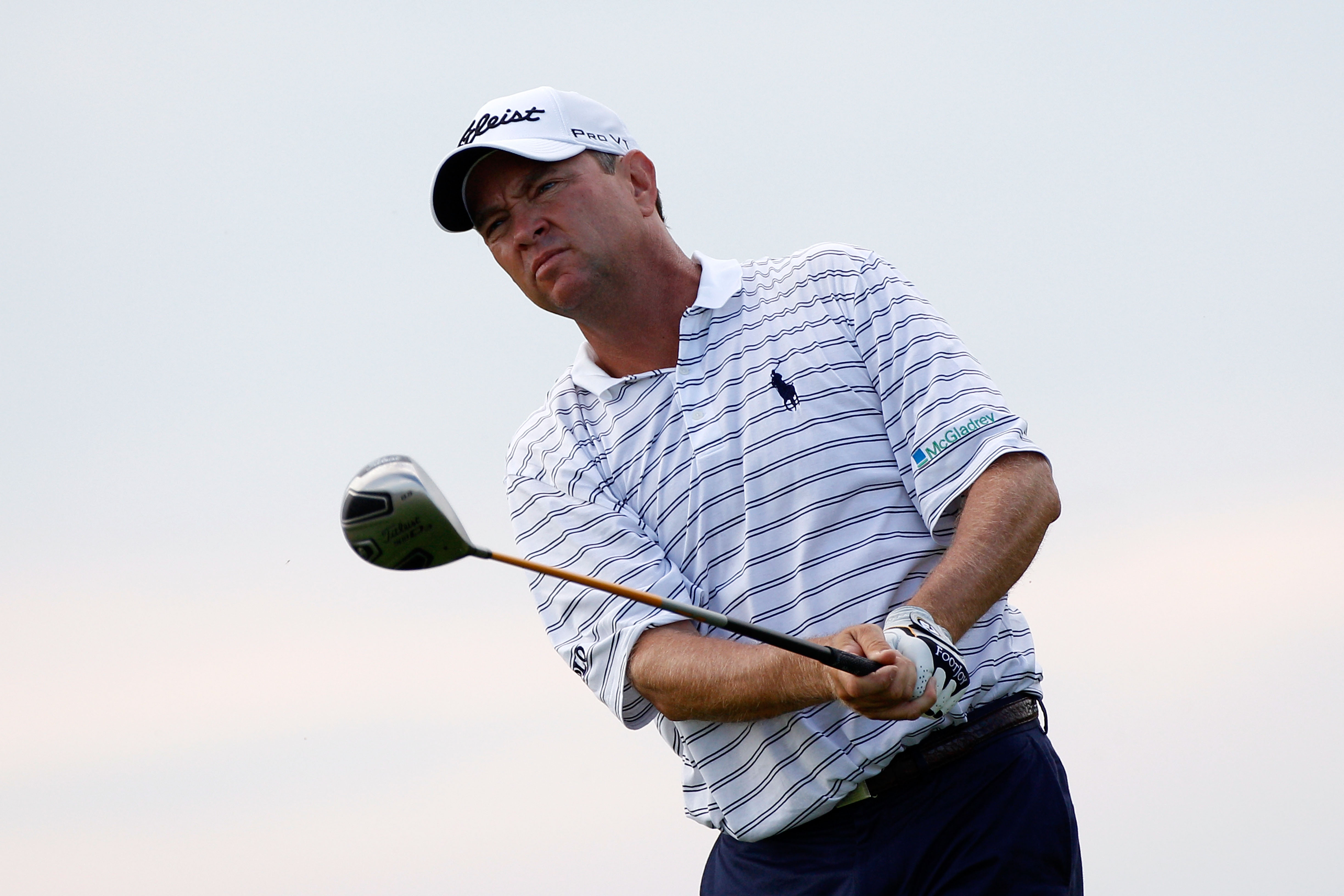 KOHLER, WI - AUGUST 14:  Davis Love III watches his tee shot on the 11th hole during the continuation of the second round of the 92nd PGA Championship on the Straits Course at Whistling Straits on August 14, 2010 in Kohler, Wisconsin.  (Photo by Sam Green