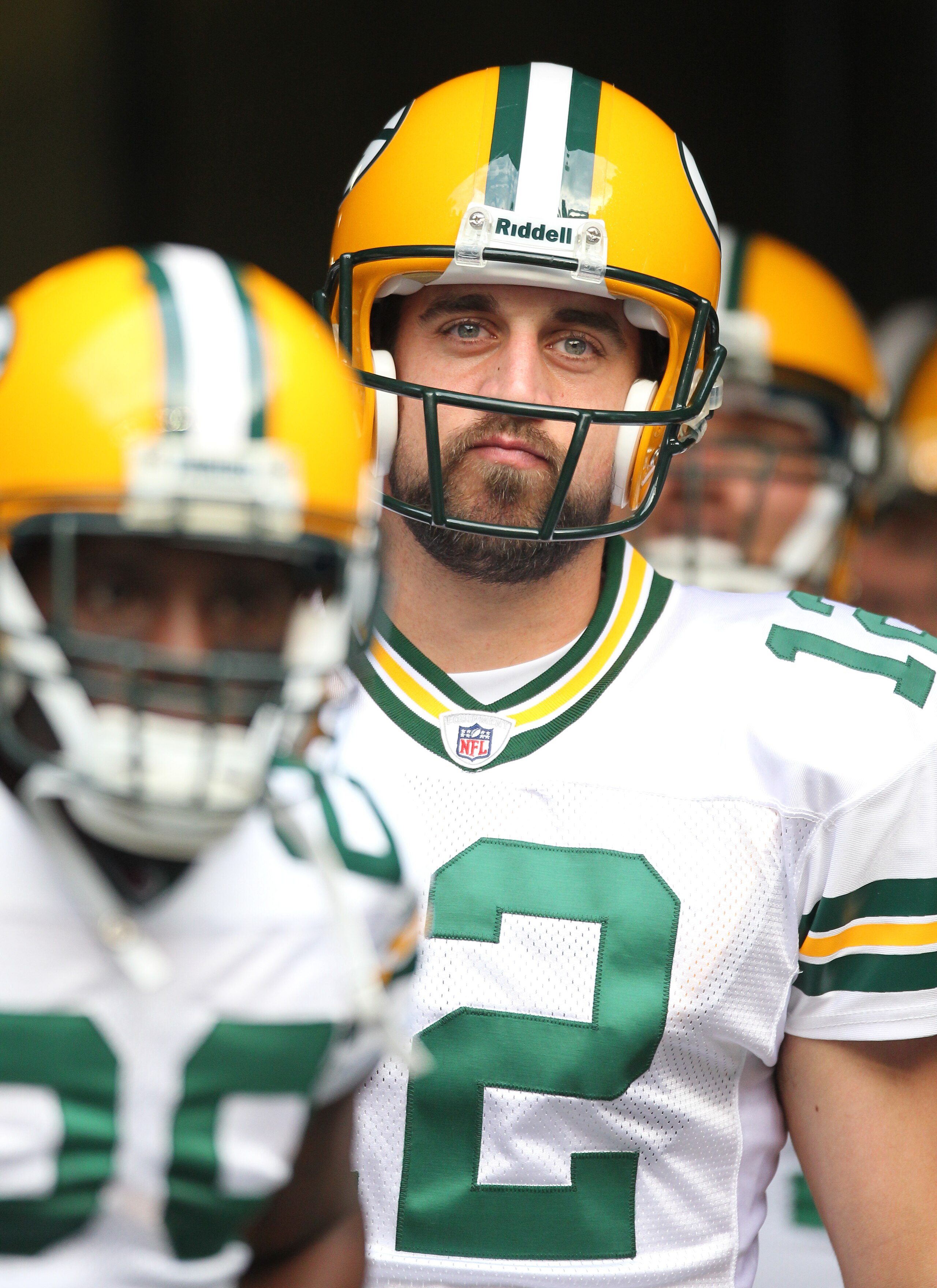 SEATTLE - AUGUST 21:  Quarterback Aaron Rodgers #12 of the Green Bay Packers looks on during warmups prior to the preseason game against the Seattle Seahawks at Qwest Field on August 21, 2010 in Seattle, Washington. (Photo by Otto Greule Jr/Getty Images)