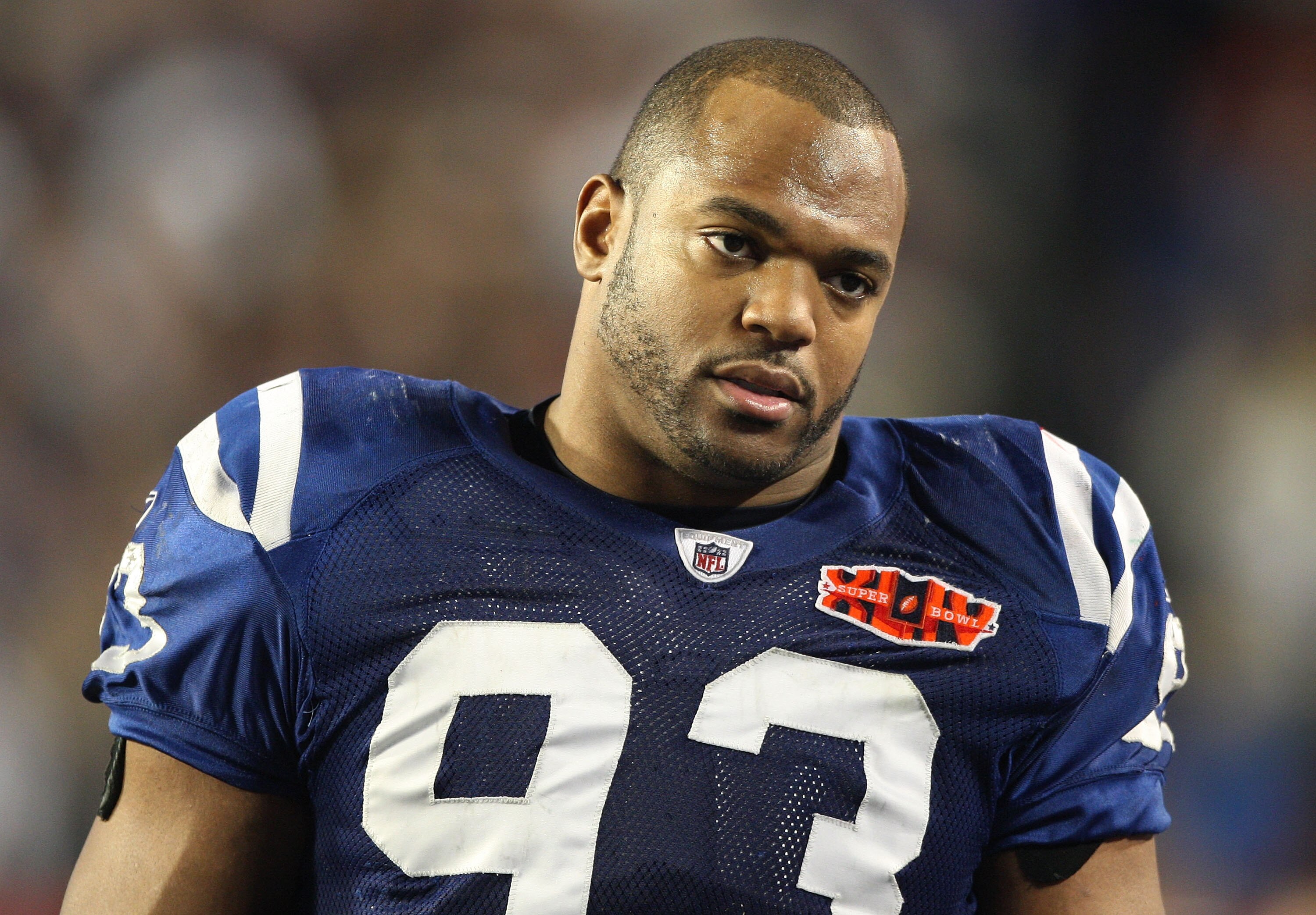 MIAMI GARDENS, FL - FEBRUARY 07: Dwight Freeney #93 of the Indianapolis Colts looks on after being defeated by the New Orleans Saints during Super Bowl XLIV on February 7, 2010 at Sun Life Stadium in Miami Gardens, Florida.  (Photo by Donald Miralle/Getty