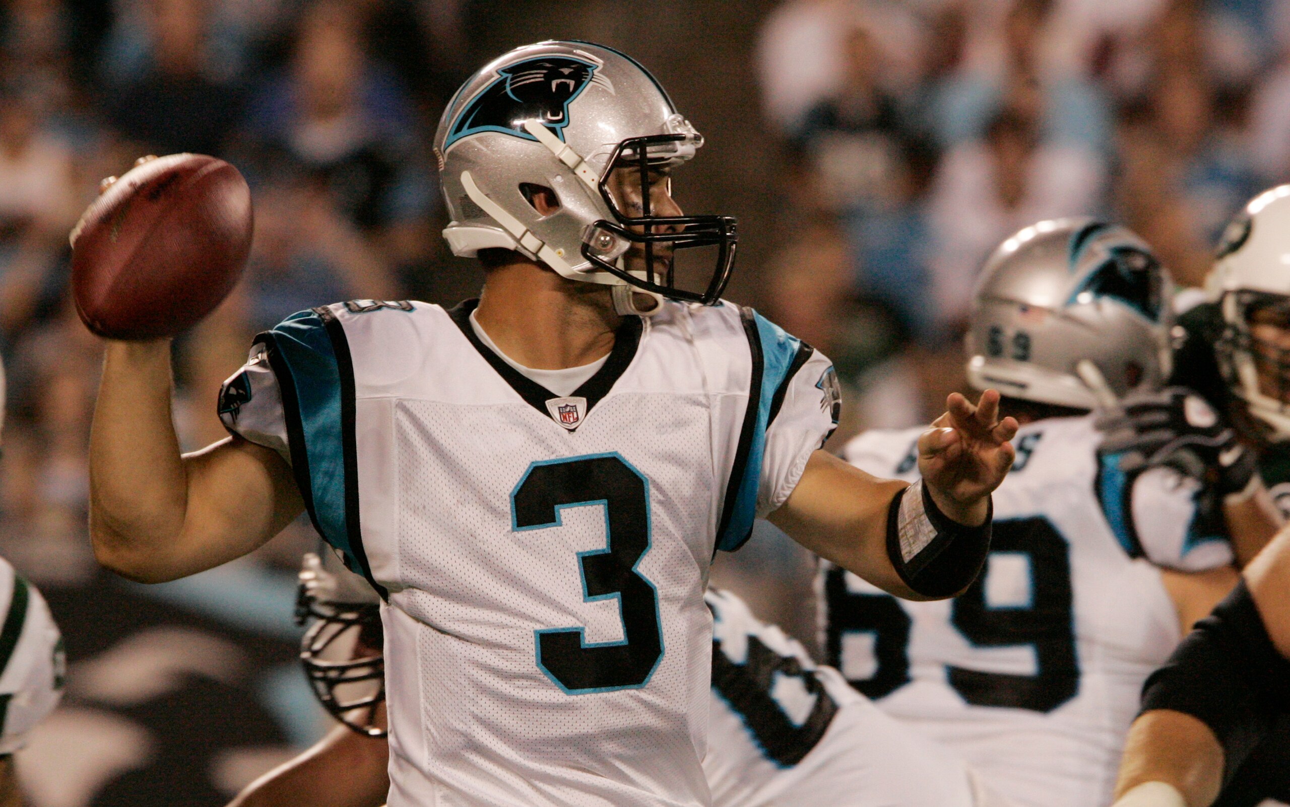 CHARLOTTE, NC - AUGUST 21:  Quarterback Matt Moore #3 of the Carolina Panthers throws during a preseason game against the New York Jets at Bank of America Stadium on August 21, 2010 in Charlotte, North Carolina. (Photo by Mary Ann Chastain/Getty Images)