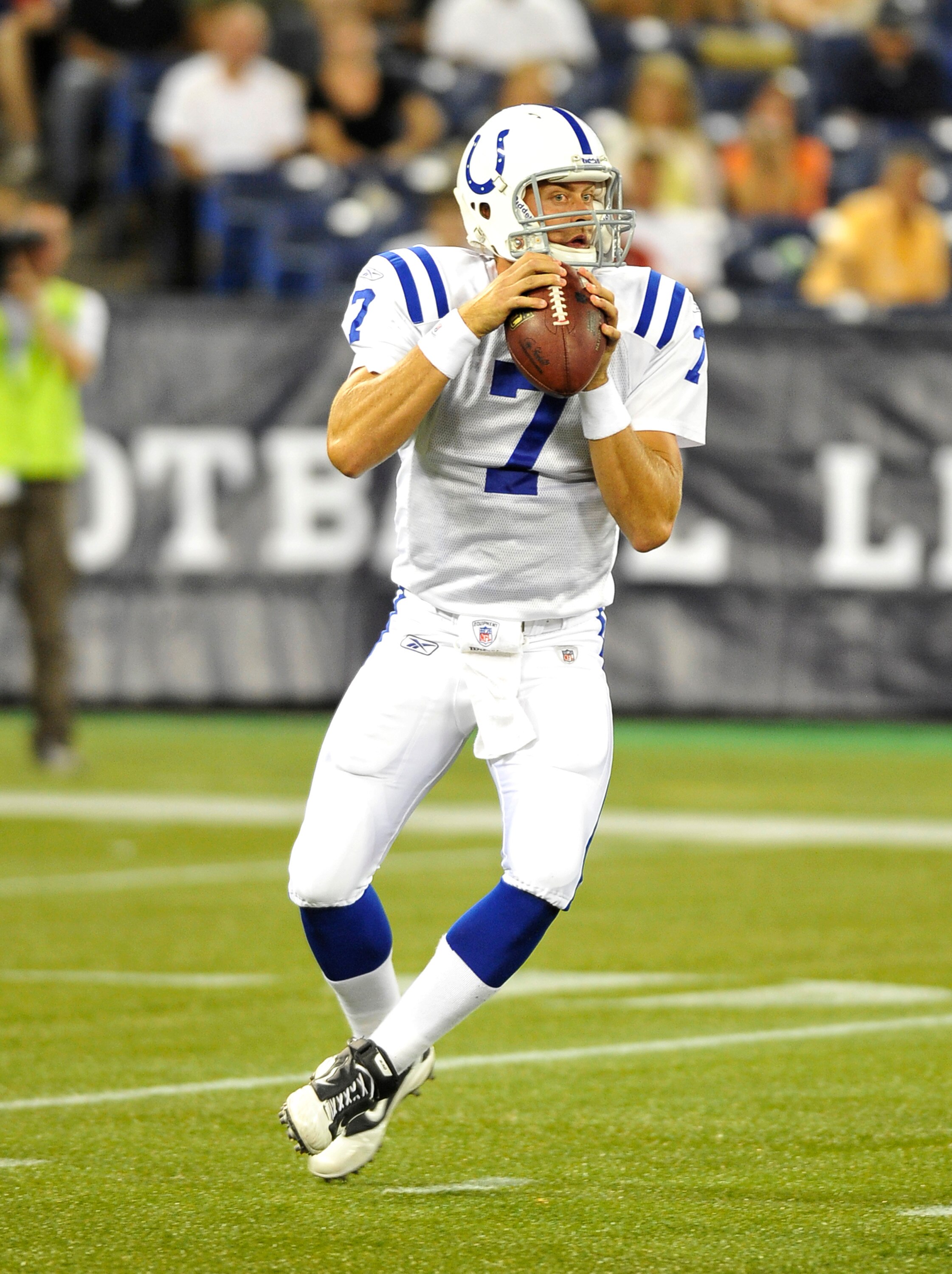 TORONTO, CANADA - AUGUST 19: Curtis Painter #7 of the Indianapolis Colts drops back to pass during game action against the Buffalo Bills on August 19, 2010 at the Rogers Centre in Toronto, Ontario, Canada. (Photo by Brad White/Getty Images)