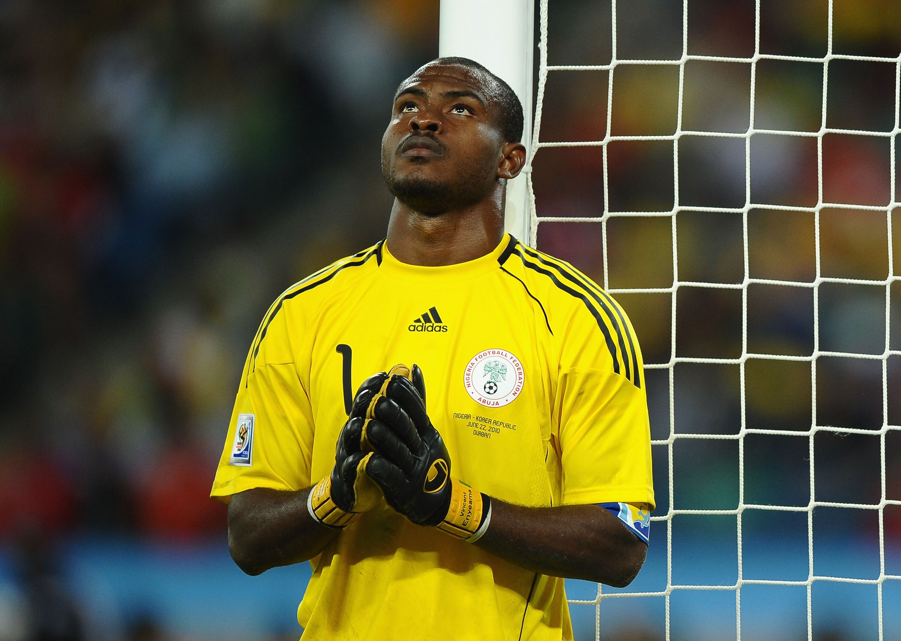 DURBAN, SOUTH AFRICA - JUNE 22:  Vincent Enyeama of Nigeria prays for victory during the 2010 FIFA World Cup South Africa Group B match between Nigeria and South Korea at Durban Stadium on June 22, 2010 in Durban, South Africa.  (Photo by Laurence Griffit