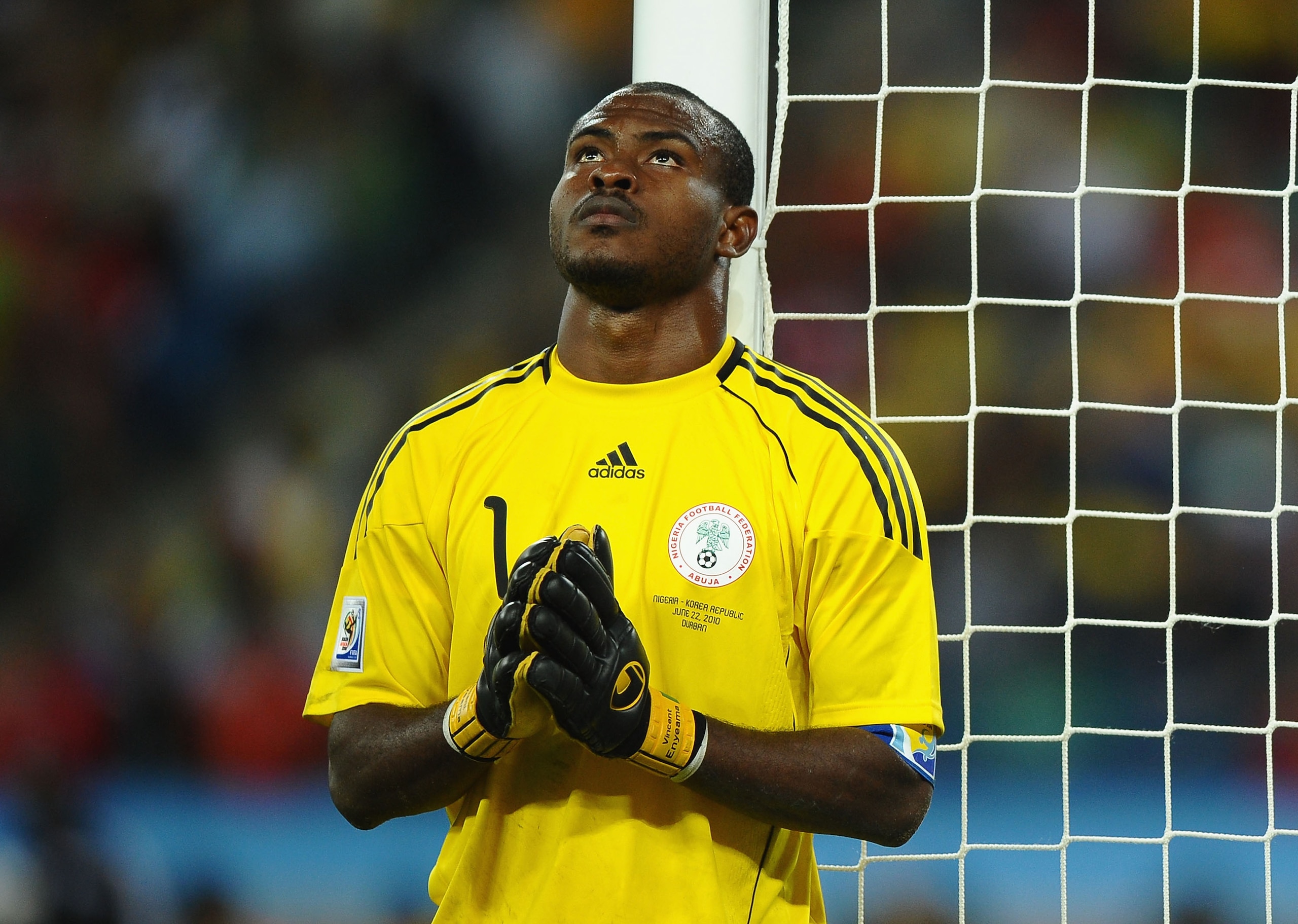 DURBAN, SOUTH AFRICA - JUNE 22: Vincent Enyeama of Nigeria prays for victory during the 2010 FIFA World Cup South Africa Group B match between Nigeria and South Korea at Durban Stadium on June 22, 2010 in Durban, South Africa. (Photo by Laurence Griffit DURBAN, SOUTH AFRICA - JUNE 22: Vincent Enyeama of Nigeria prays for victory during the 2010 FIFA World Cup South Africa Group B match between Nigeria and South Korea at Durban Stadium on June 22, 2010 in Durban, South Africa. (Photo by Laurence Griffit