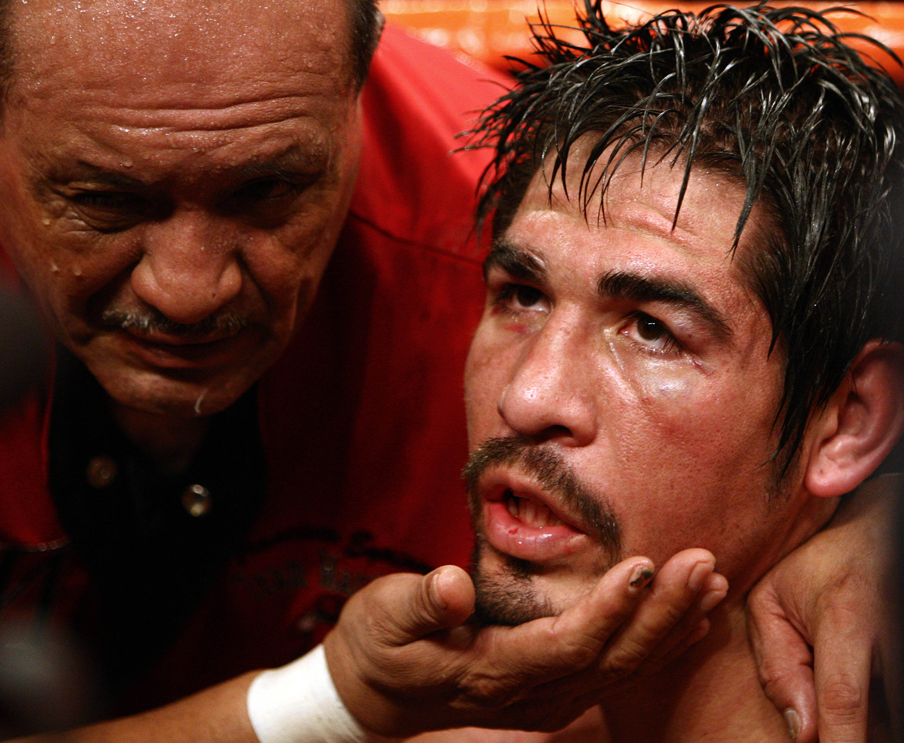 LOS ANGELES - JANUARY 24:   Antonio Margarito sits dazed in his corner after Shane Mosley's ninth round TKO after Margarito's corner threw in the towel during their WBA welterweight title fight on January 24, 2009 at the Staples Center in Los Angeles, Cal