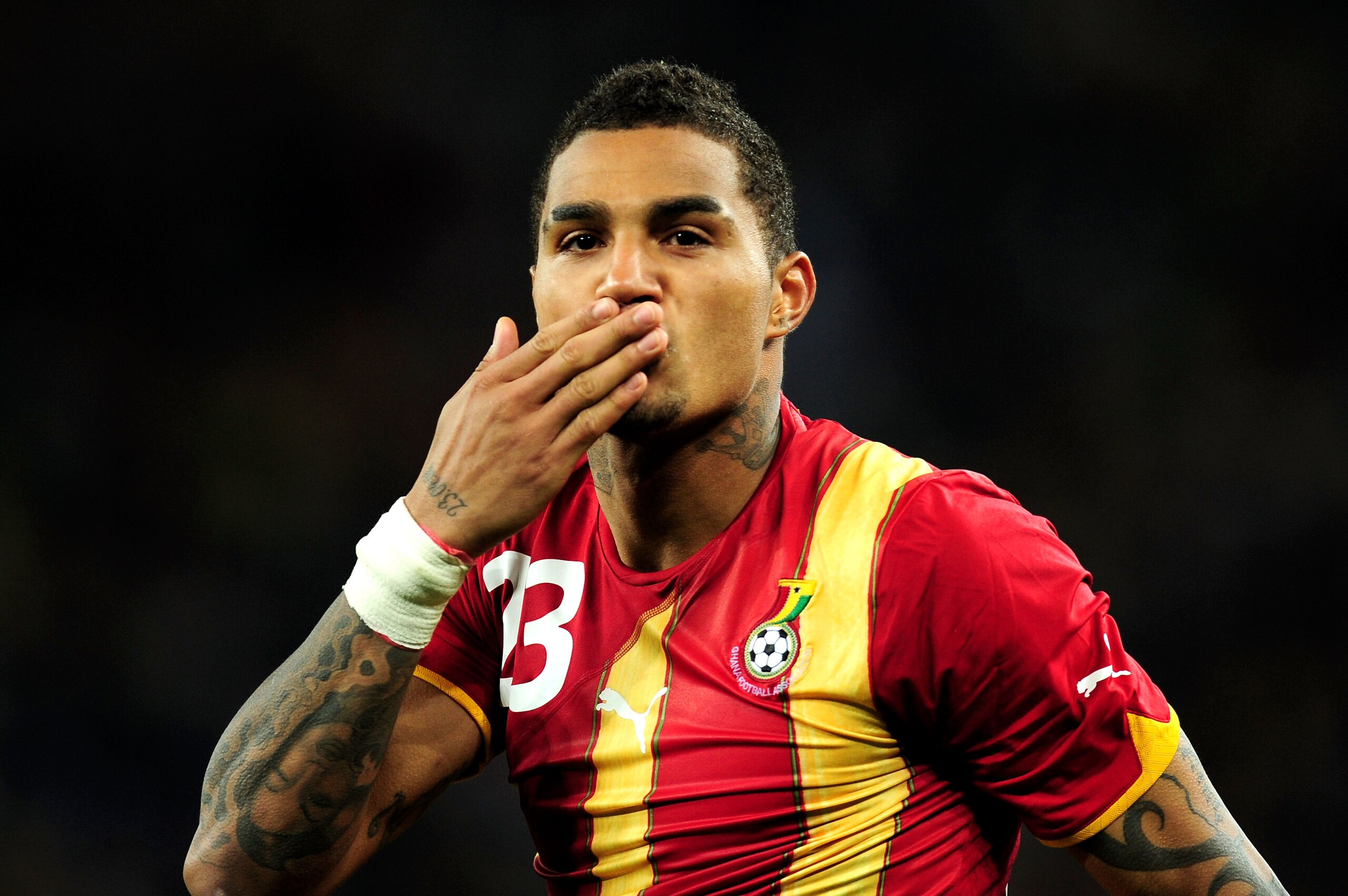 JOHANNESBURG, SOUTH AFRICA - JULY 02: Kevin Prince Boateng of Ghana acknowledges the support of the fans after losing the 2010 FIFA World Cup South Africa Quarter Final match between Uruguay and Ghana at the Soccer City stadium on July 2, 2010 in Johanne JOHANNESBURG, SOUTH AFRICA - JULY 02: Kevin Prince Boateng of Ghana acknowledges the support of the fans after losing the 2010 FIFA World Cup South Africa Quarter Final match between Uruguay and Ghana at the Soccer City stadium on July 2, 2010 in Johanne