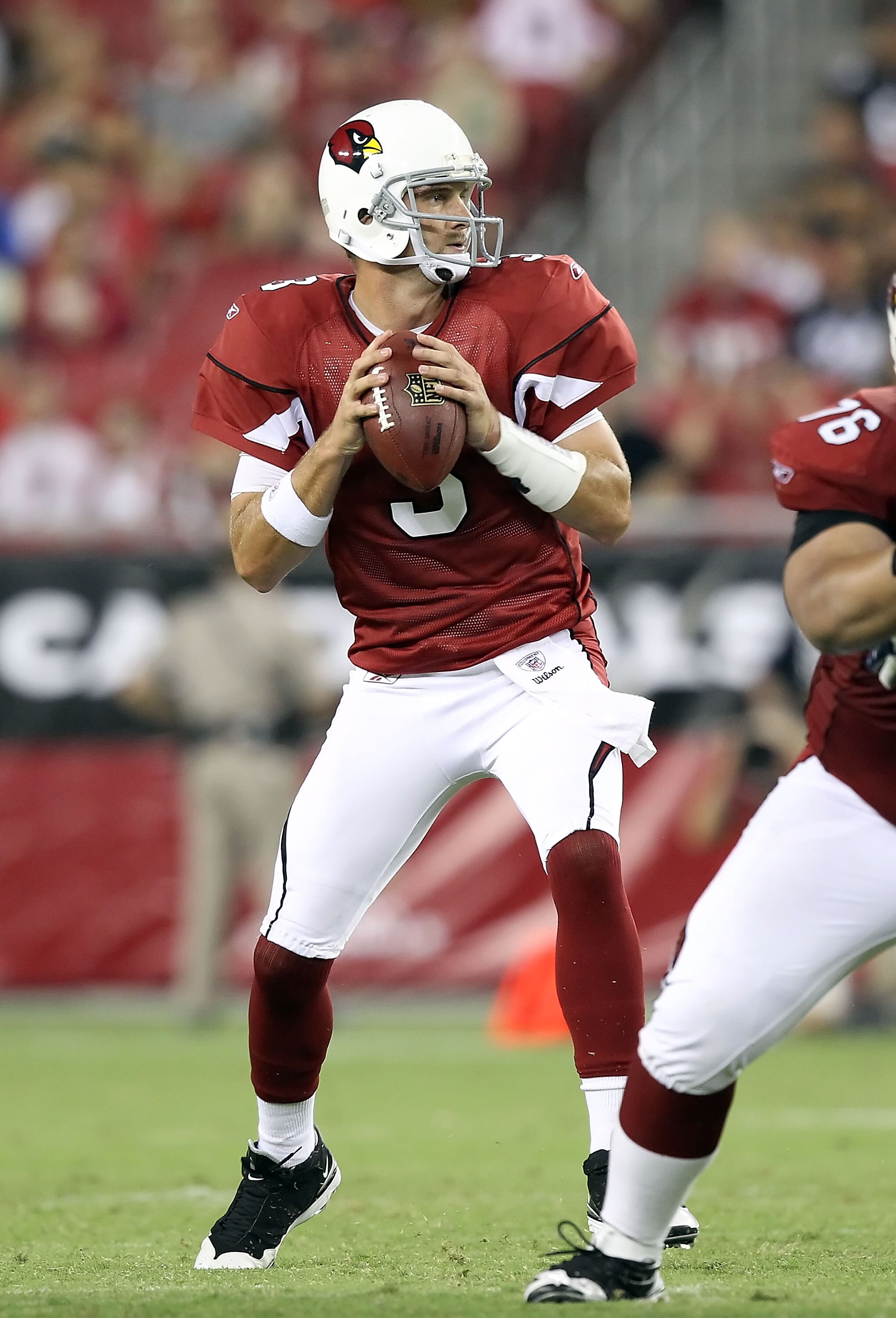 GLENDALE, AZ - AUGUST 14:  Quarterback Derek Anderson #3 of the Arizona Cardinals drops back to pass during preseason NFL game against the Houston Texans at the University of Phoenix Stadium on August 14, 2010 in Glendale, Arizona.  The Cardinals defeated