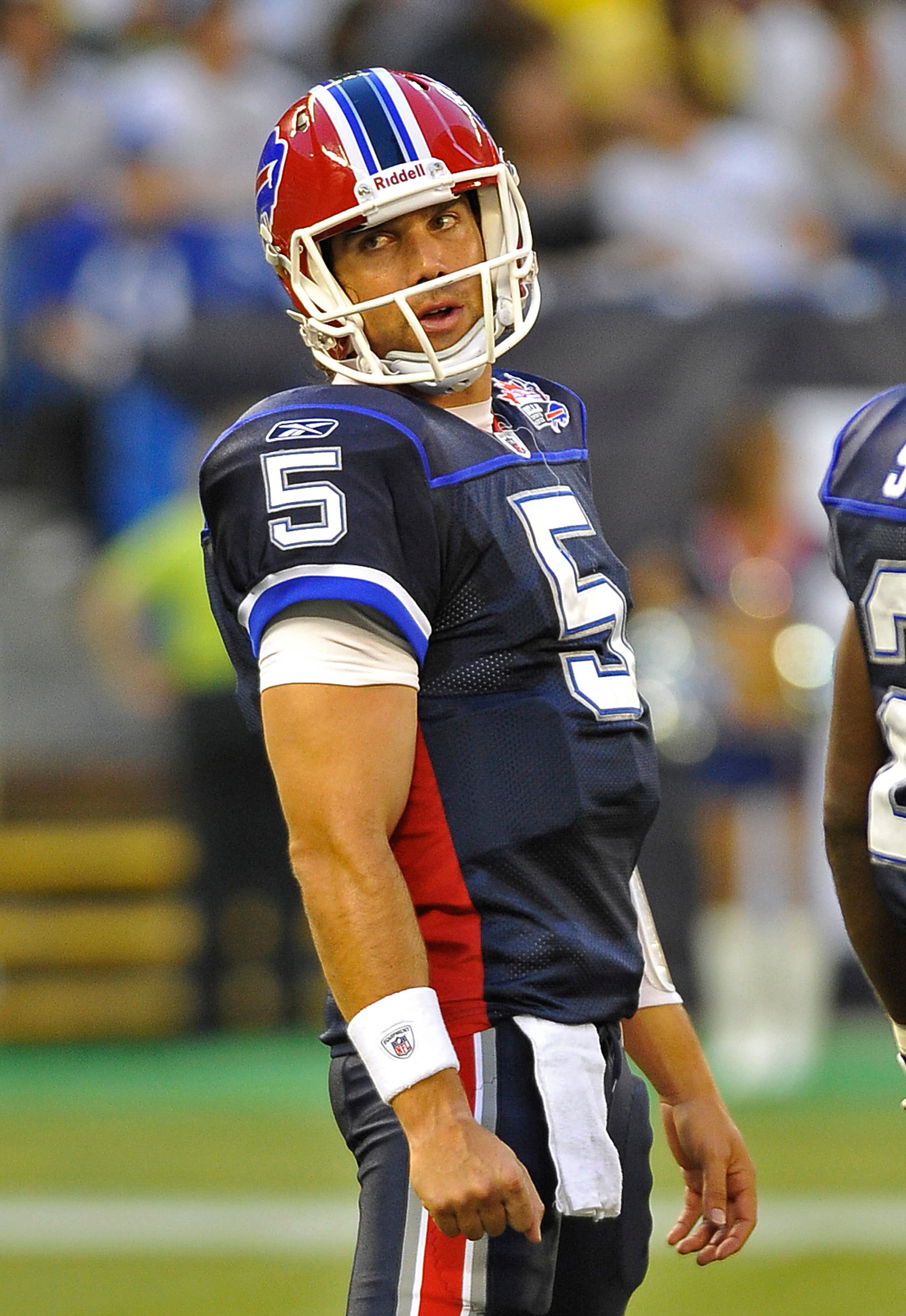 TORONTO, CANADA - AUGUST 19: Trent Edwards #5 of the Buffalo Bills looks towards the sidelines during a break in game action against the Indianapolis Colts on August 19, 2010 at the Rogers Centre in Toronto, Ontario, Canada. (Photo by Brad White/Getty Ima