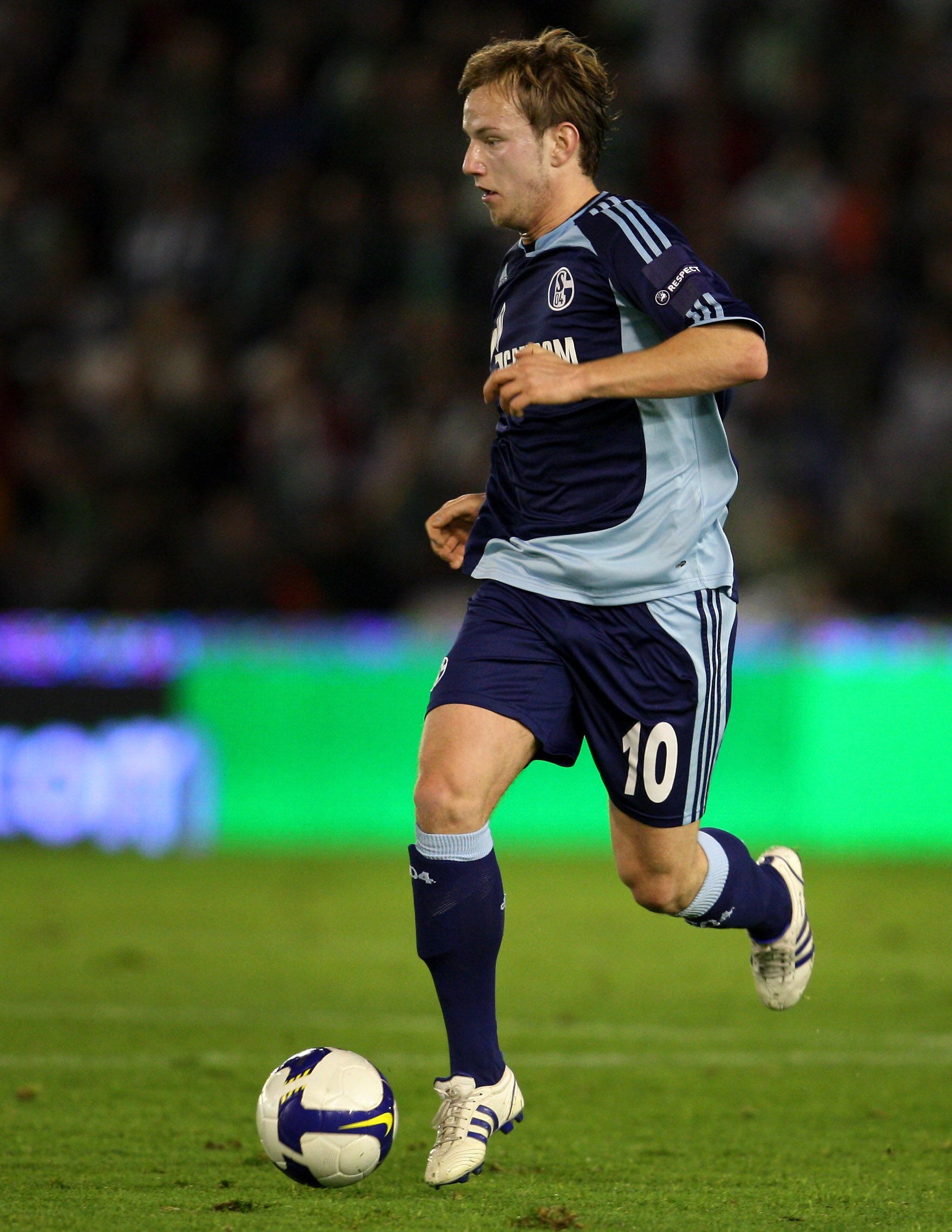 SANTANDER, SPAIN - NOVEMBER 06:  Ivan Rakitic of Schalke 04 runs with the ball during the UEFA Cup group A match between Racing Santander and Schalke 04 at the El Sardinero stadium on November 6, 2008 in Santander, Spain.  (Photo by Jasper Juinen/Getty Im