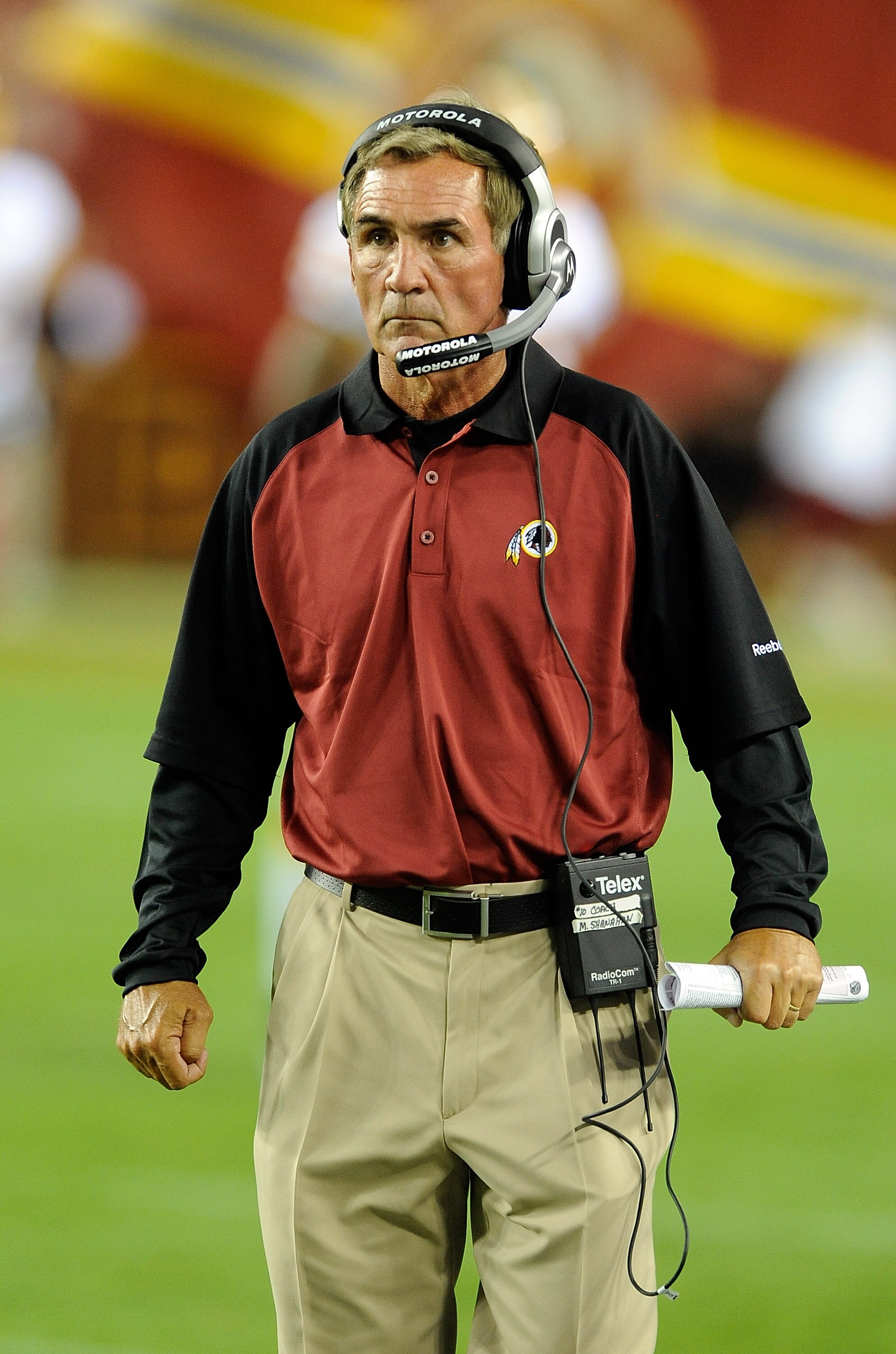 LANDOVER, MD - AUGUST 13:  Head Coach Mike Shanahan of the Washington Redskins watches the preseason game against the Buffalo Bills at FedEx Field on August 13, 2010 in Landover, Maryland.  (Photo by Greg Fiume/Getty Images)