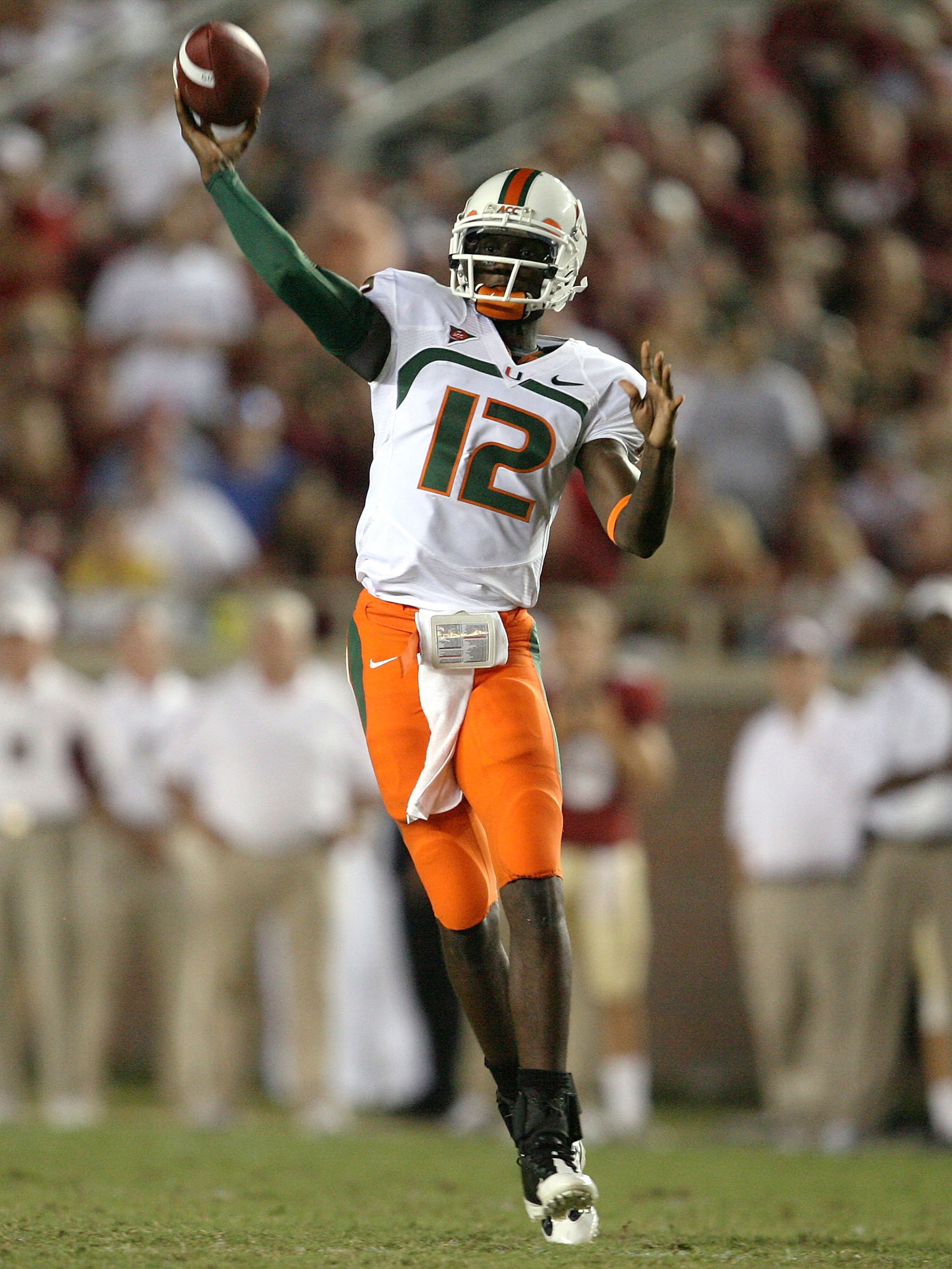 TALLAHASSEE, FL - SEPTEMBER 07:  Quarterback Jacory Harris #12 of the Miami Hurricanes throws a pass against the Florida State Seminoles at Doak Campbell Stadium on September 7, 2009 in Tallahassee, Florida.  (Photo by Doug Benc/Getty Images)