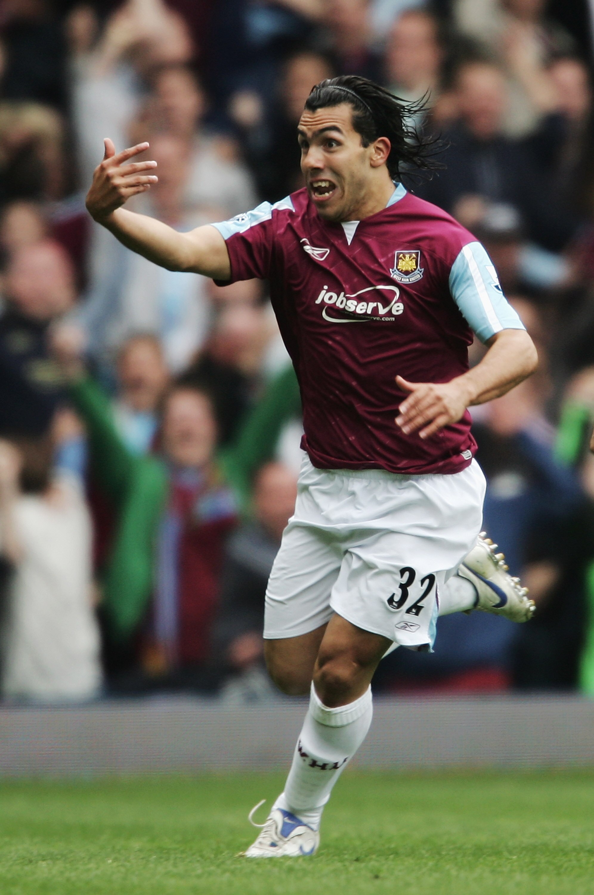 LONDON - MAY 05:  Carlos Tevez of West Ham United celebrates scoring during the Barclays Premiership match between West Ham United and Bolton Wanderers at Upton Park on May 5, 2007 in London, England.  (Photo by Jamie McDonald/Getty Images)