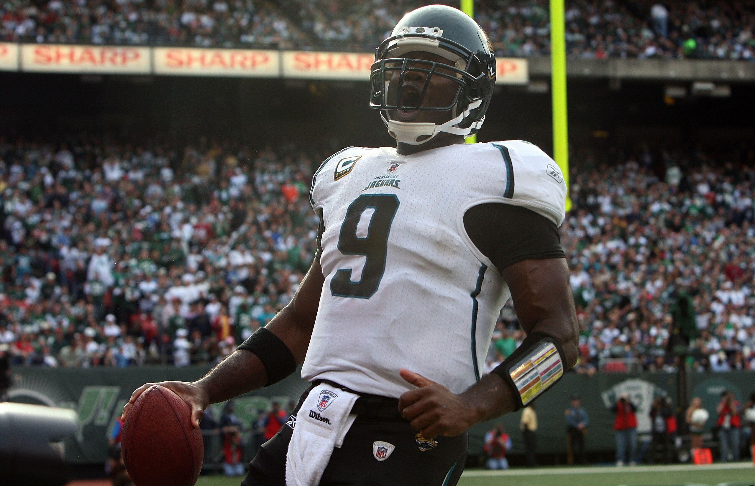EAST RUTHERFORD, NJ - NOVEMBER 15:  David Garrard #9 of the Jacksonville Jaguars celebrates his first half touchdown against the New York Jets on November 15, 2009 at Giants Stadium in East Rutherford, New Jersey.  (Photo by Jim McIsaac/Getty Images)