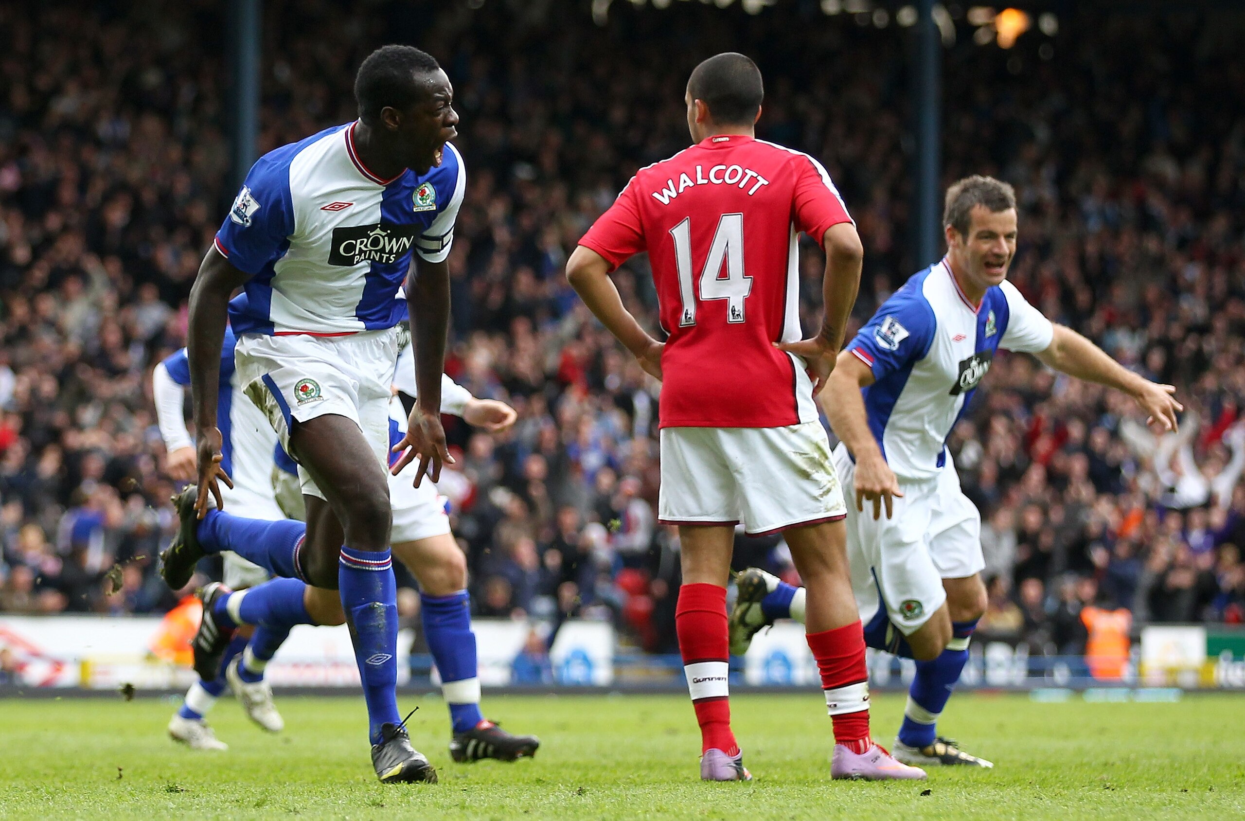 BLACKBURN, ENGLAND - MAY 03:  Chris Samba of Blackburn Rovers celebrates scoring the winning goal during the Barclays Premier League match between Blackburn Rovers and Arsenal at Ewood Park on May 3, 2010 in Blackburn, England.  (Photo by Clive Brunskill/