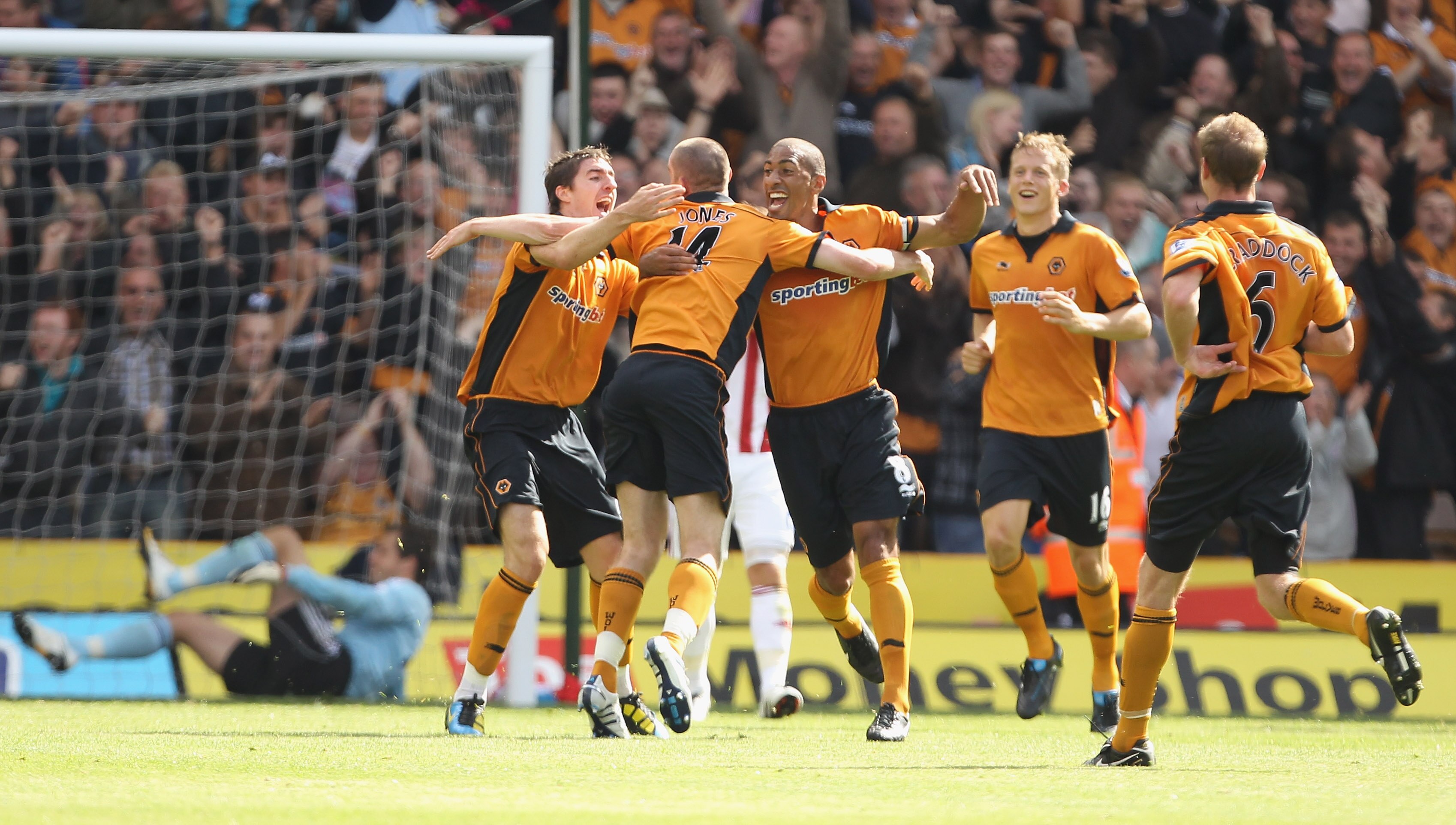 WOLVERHAMPTON, ENGLAND - AUGUST 14:  David Jones of Wolverhampton Wanderers celebrates after scoring the first goal during the Barclays Premier League match between Wolverhampton Wanderers and Stoke City at Molineux on August 14, 2010 in Wolverhampton, En