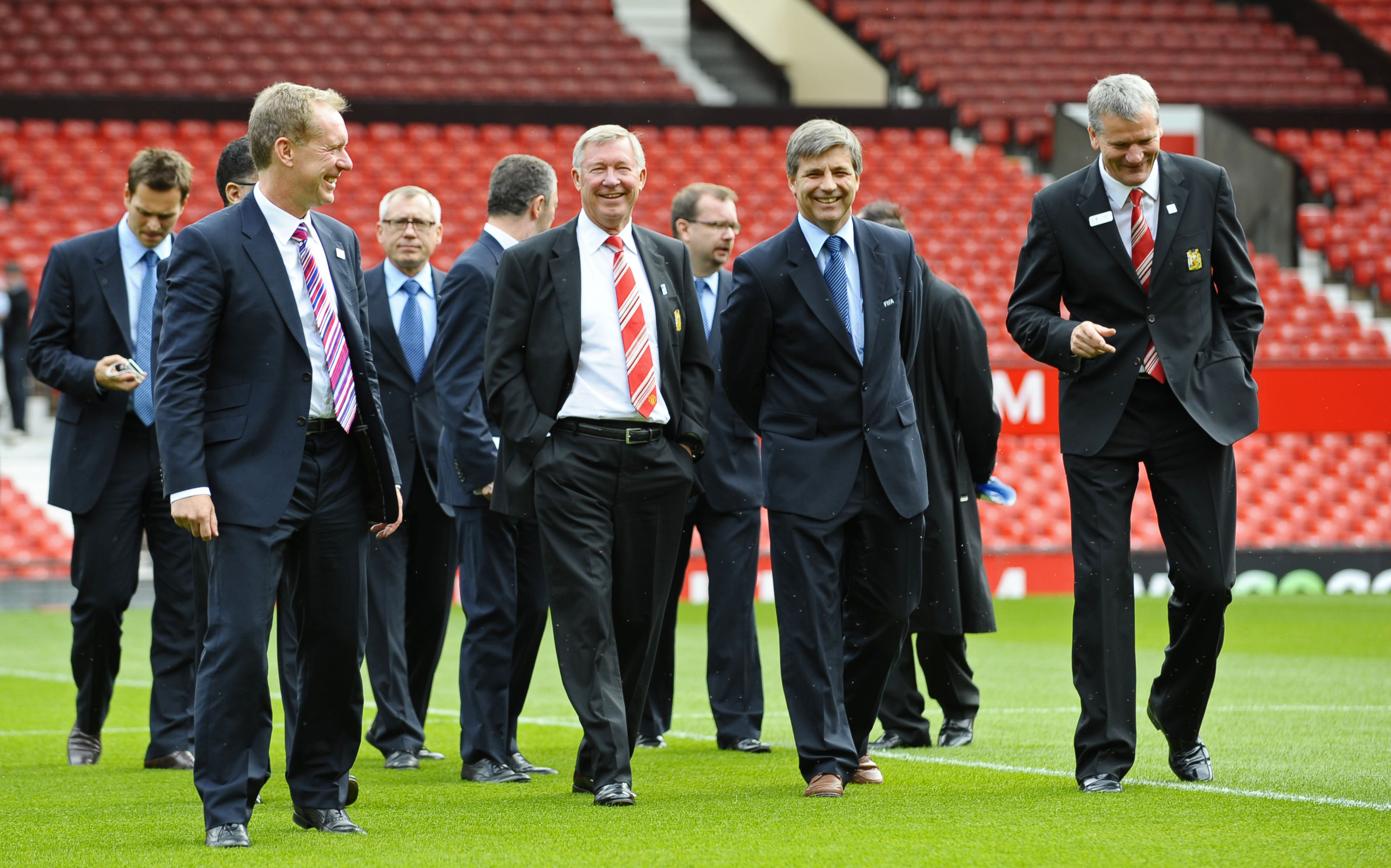 MANCHESTER, ENGLAND - AUGUST 25:  Harold Mayne Nicholls - Leader of the FIFA Inspection team (2nd R), Manchester United Chief Executive David Gill (R), Chief Executive of the England Bid Andy Anson (L) and Manchester United Manager Sir Alex Ferguson visit