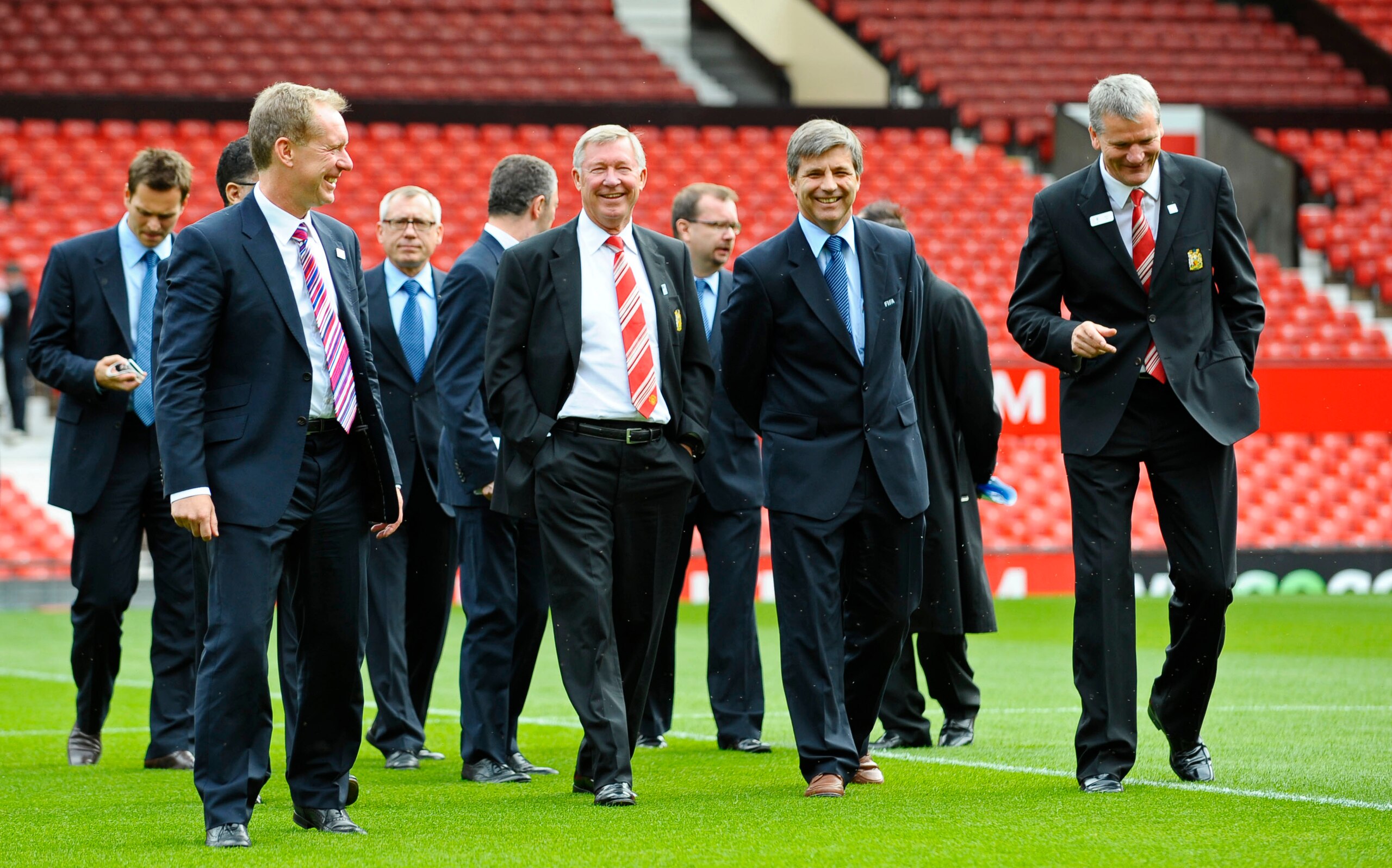 MANCHESTER, ENGLAND - AUGUST 25:  Harold Mayne Nicholls - Leader of the FIFA Inspection team (2nd R), Manchester United Chief Executive David Gill (R), Chief Executive of the England Bid Andy Anson (L) and Manchester United Manager Sir Alex Ferguson visit