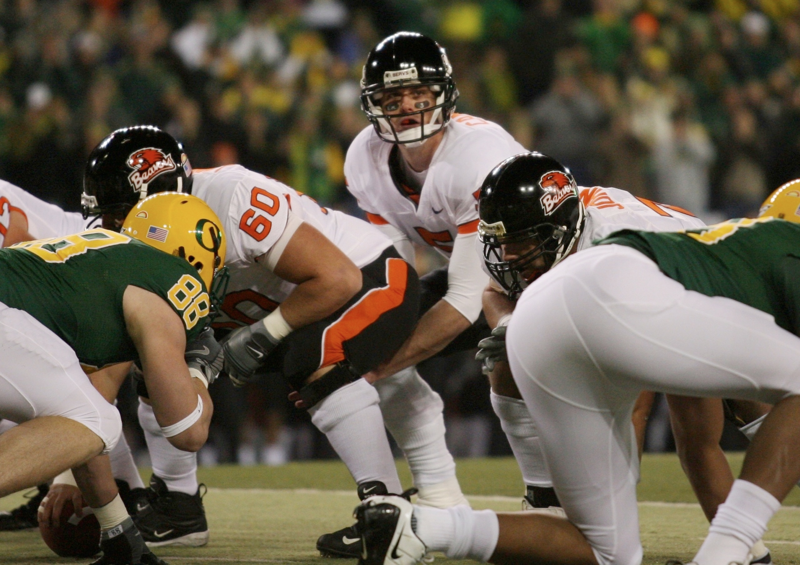 EUGENE,OR - DECEMBER 03:  Quarterback Sean Canfield #5 of Oregon State Beavers calls a play in the first quarter of the game against the Oregon Ducks at Autzen Stadium on December 3, 2009 in Eugene, Oregon.  (Photo by Tom Hauck/Getty Images)