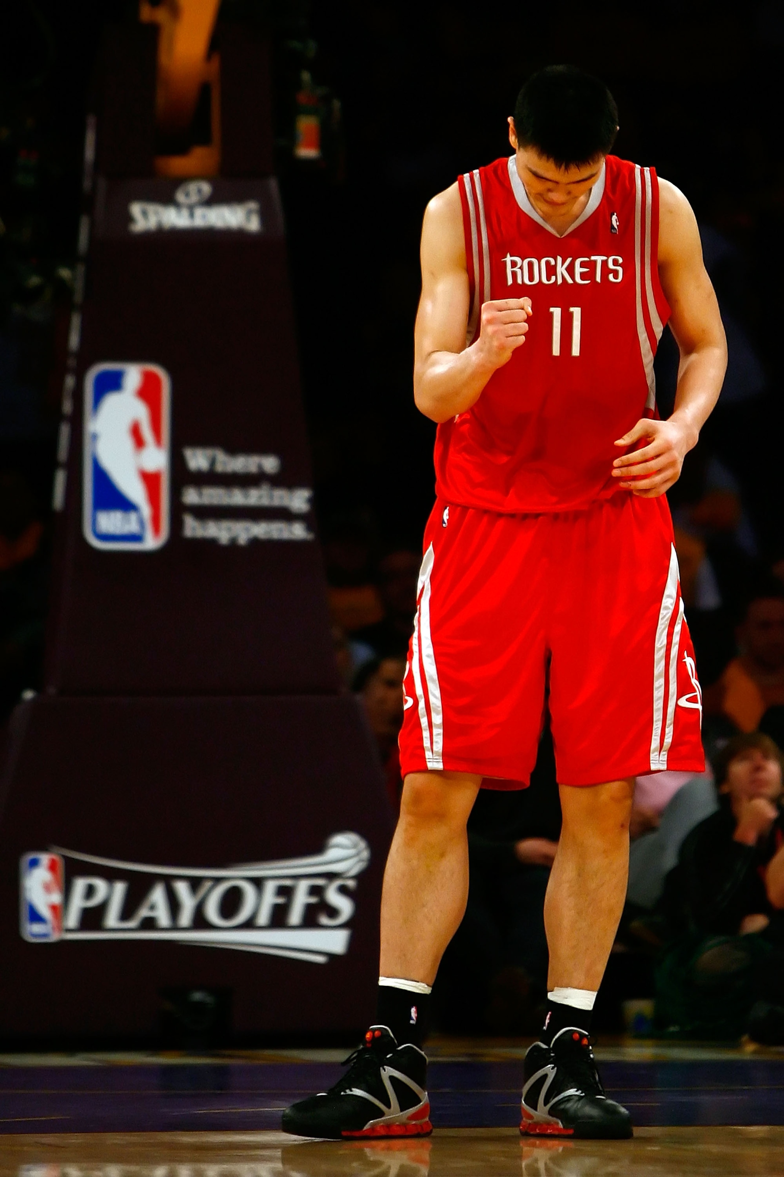 LOS ANGELES, CA - MAY 04:  Yao Ming #11 of the Houston Rockets reacts late in the fourth quarter against the Los Angeles Lakers in Game One of the Western Conference Semifinals during the 2009 NBA Playoffs at Staples Center on May 4, 2009 in Los Angeles, 