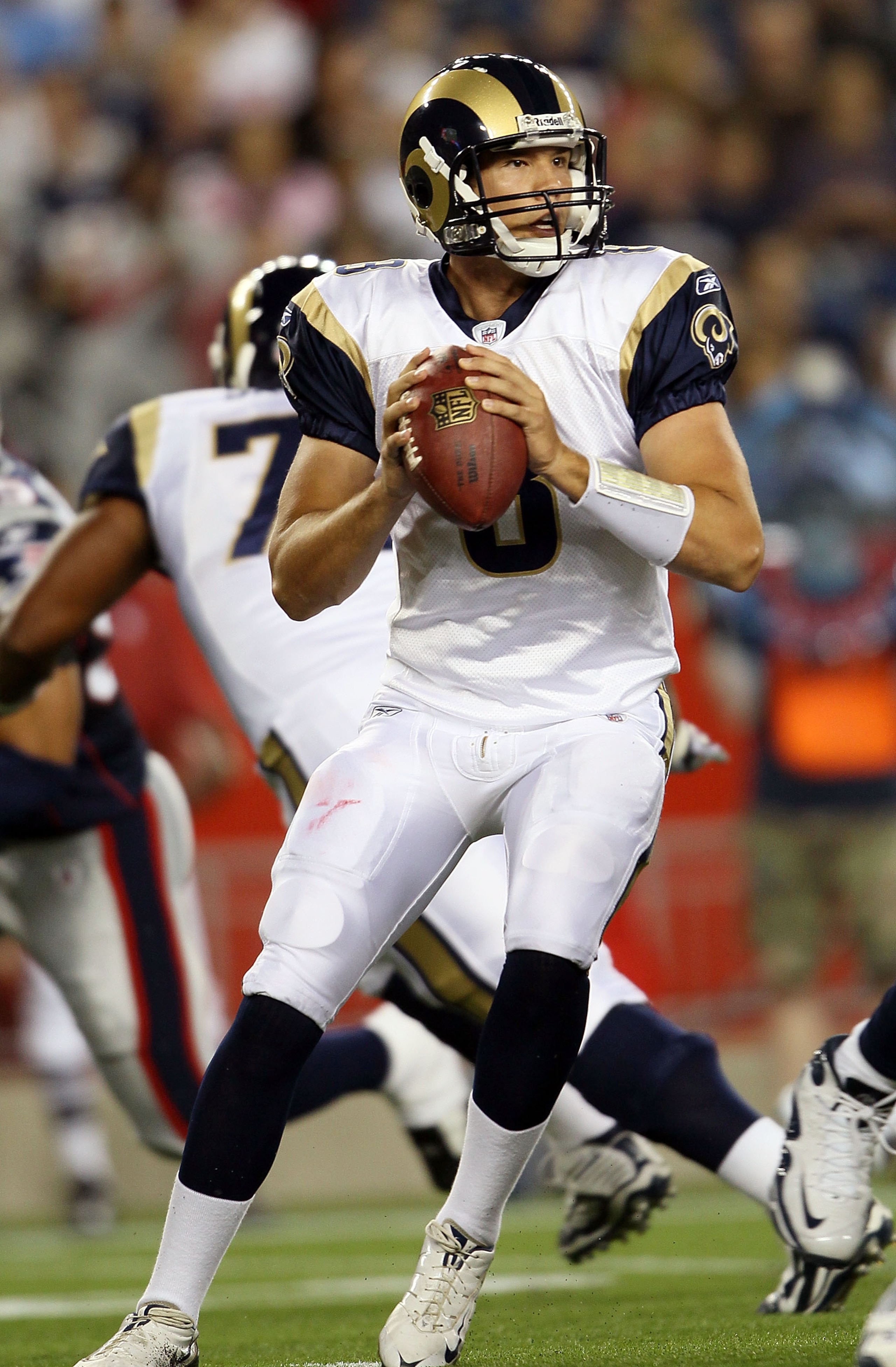 FOXBORO, MA - AUGUST 26: Sam Bradford #8 of the St. Louis Rams looks to pass in the first half against the New England Patriots on August 26, 2010 at Gillette Stadium in Foxboro, Massachusetts. (Photo by Elsa/Getty Images) FOXBORO, MA - AUGUST 26: Sam Bradford #8 of the St. Louis Rams looks to pass in the first half against the New England Patriots on August 26, 2010 at Gillette Stadium in Foxboro, Massachusetts. (Photo by Elsa/Getty Images)
