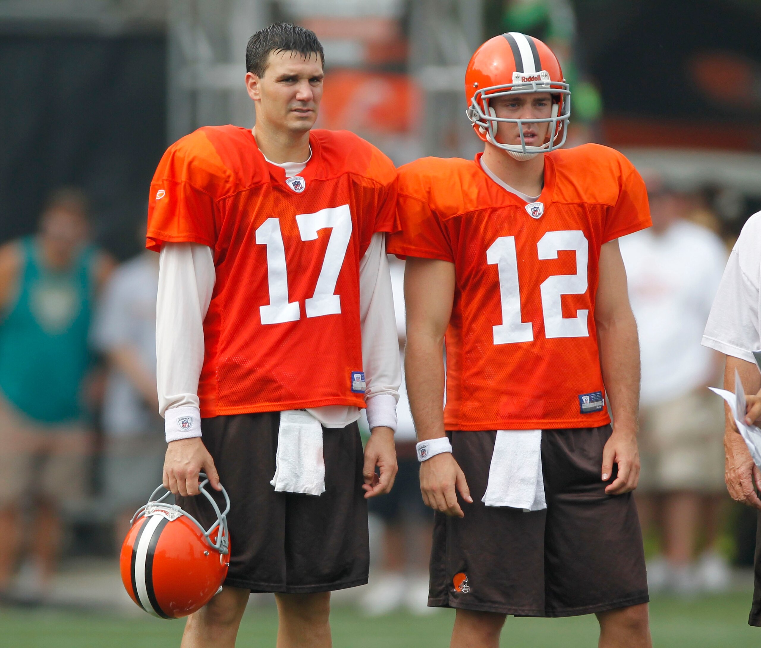 BEREA, OH - AUGUST 04: Jake Delhomme #17 and Colt McCoy #12 of the Cleveland Browns stand next to each other during training camp at the Cleveland Browns Training and Administrative Complex on August 4, 2010 in Berea, Ohio. (Photo by Gregory Shamus/Gett BEREA, OH - AUGUST 04: Jake Delhomme #17 and Colt McCoy #12 of the Cleveland Browns stand next to each other during training camp at the Cleveland Browns Training and Administrative Complex on August 4, 2010 in Berea, Ohio. (Photo by Gregory Shamus/Gett