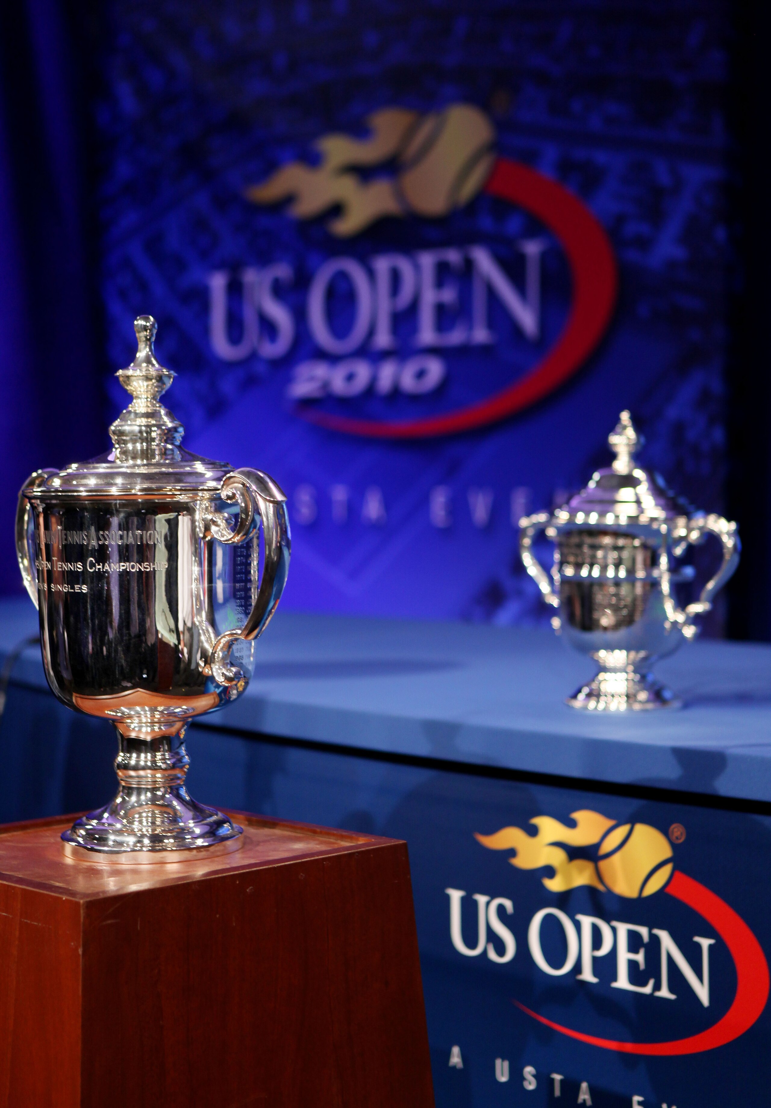 NEW YORK - AUGUST 26:  A general view of the U.S. Open trophies are seen during the Draw Ceremony prior to the start of the 2010 U.S. Open at the USTA Billie Jean King National Tennis Center on August 26, 2010 in the Flushing neighborhood of the Queens bo