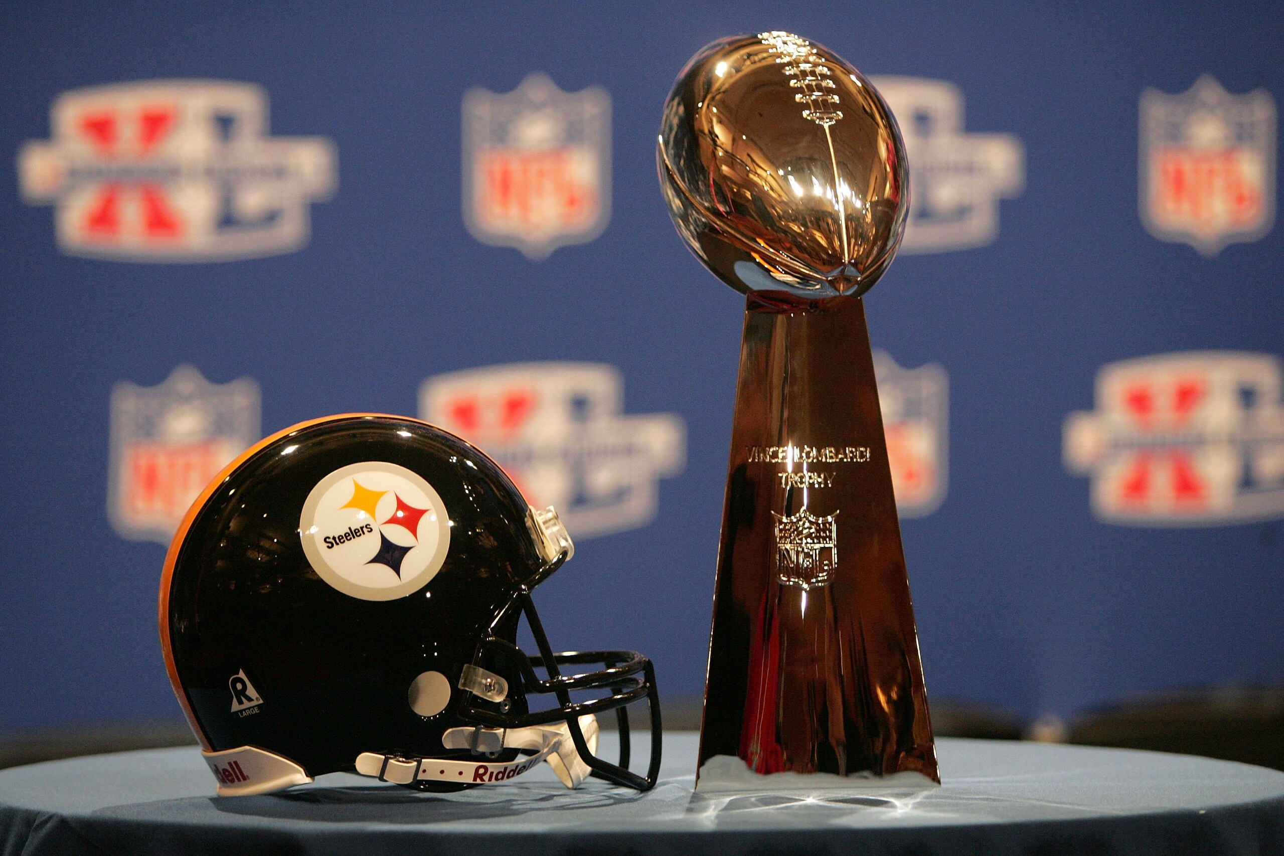 DETROIT - FEBRUARY 03:  A helmit AFC Champion Pittsburgh Steelers is pictured with the Lombardi Trophy in between press conferences at the Renaissance Center on February 3, 2006 in Detroit, Michigan.  (Photo by Andy Lyons/Getty Images)