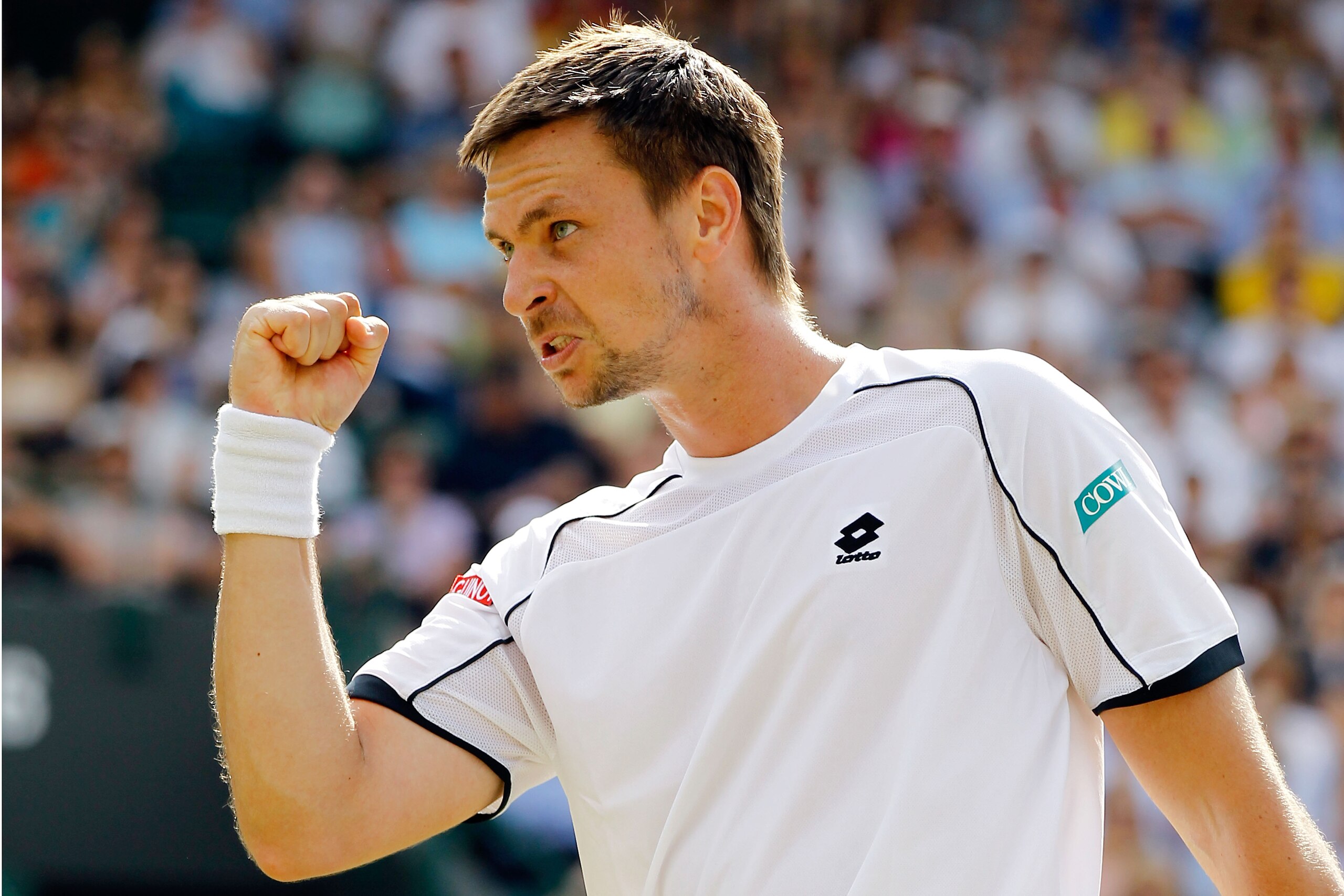 LONDON, ENGLAND - JUNE 30:  Robin Soderling of Sweden celebrates a point during his Quarter Final match against Rafael Nadal of Spain on Day Nine of the Wimbledon Lawn Tennis Championships at the All England Lawn Tennis and Croquet Club on June 30, 2010 i