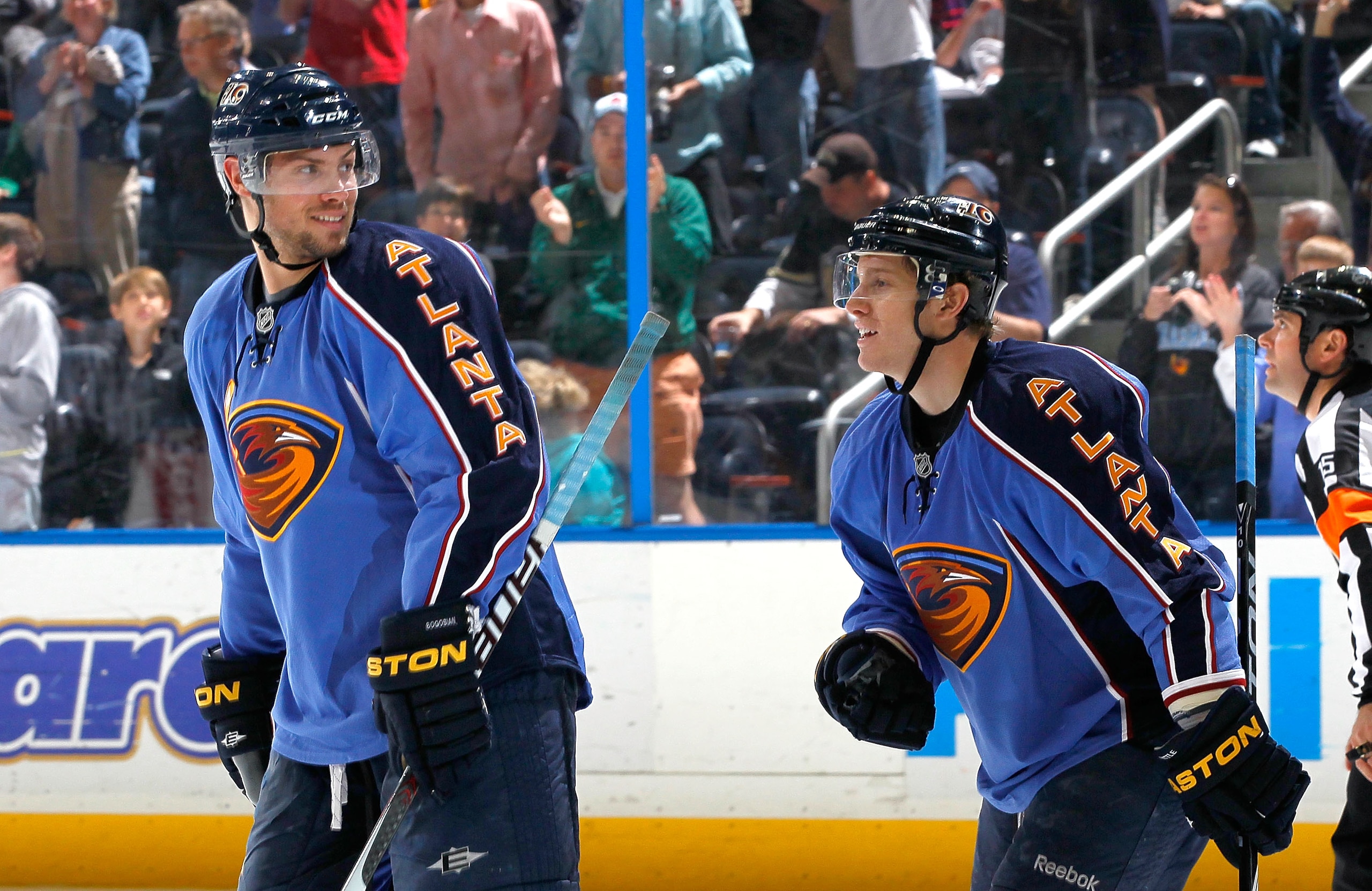 ATLANTA - APRIL 10:  Bryan Little #10 of the Atlanta Thrashers celebrates his goal against the Pittsburgh Penguins with Zach Bogosian #4 at Philips Arena on April 10, 2010 in Atlanta, Georgia.  (Photo by Kevin C. Cox/Getty Images)