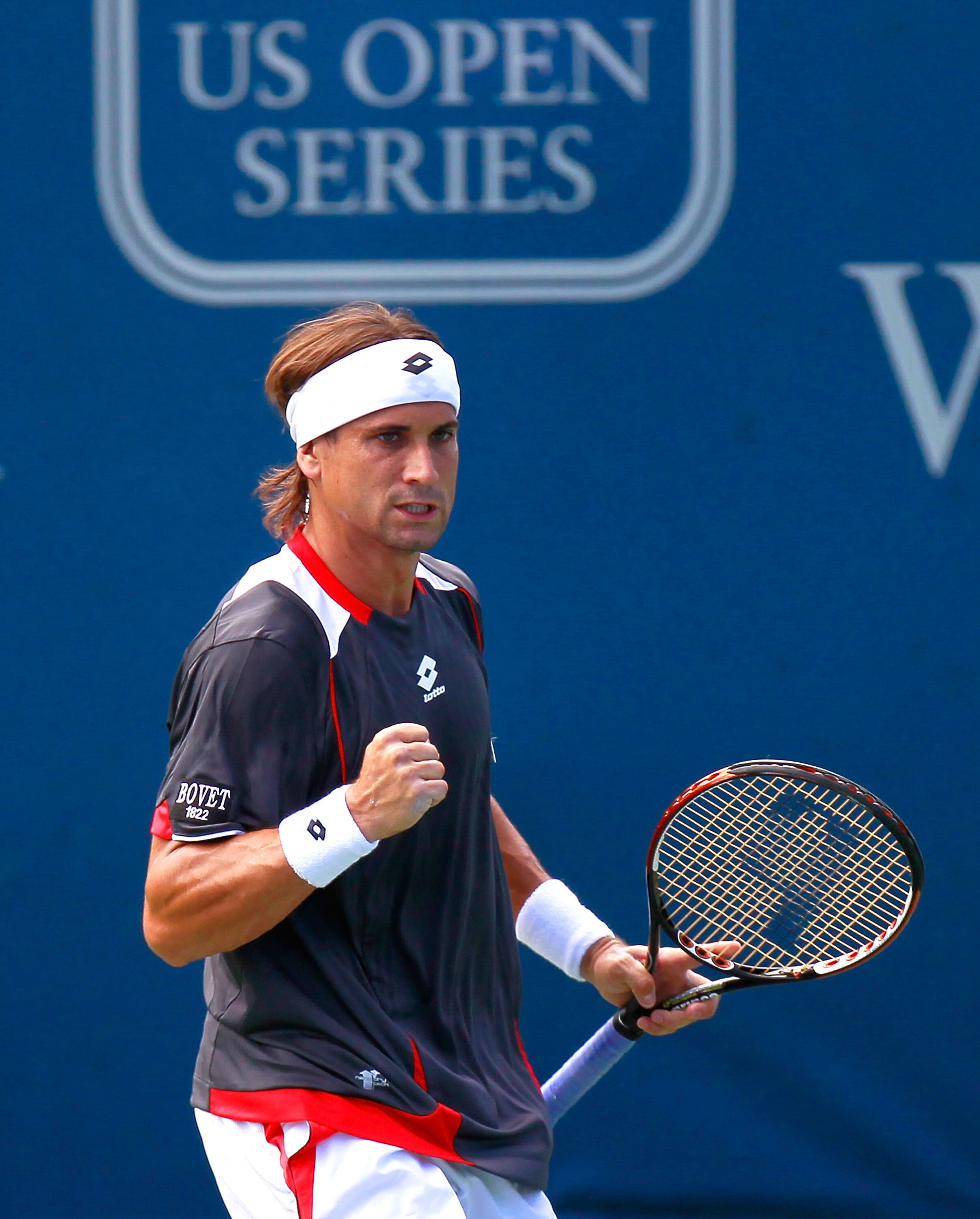 CINCINNATI - AUGUST 18:  David Ferrer of Spain reacts after winning a point against Sam Querrey during Day 3 of the Western & Southern Financial Group Masters at the Lindner Family Tennis Center on August 18, 2010 in Cincinnati, Ohio.  (Photo by Kevin C. 