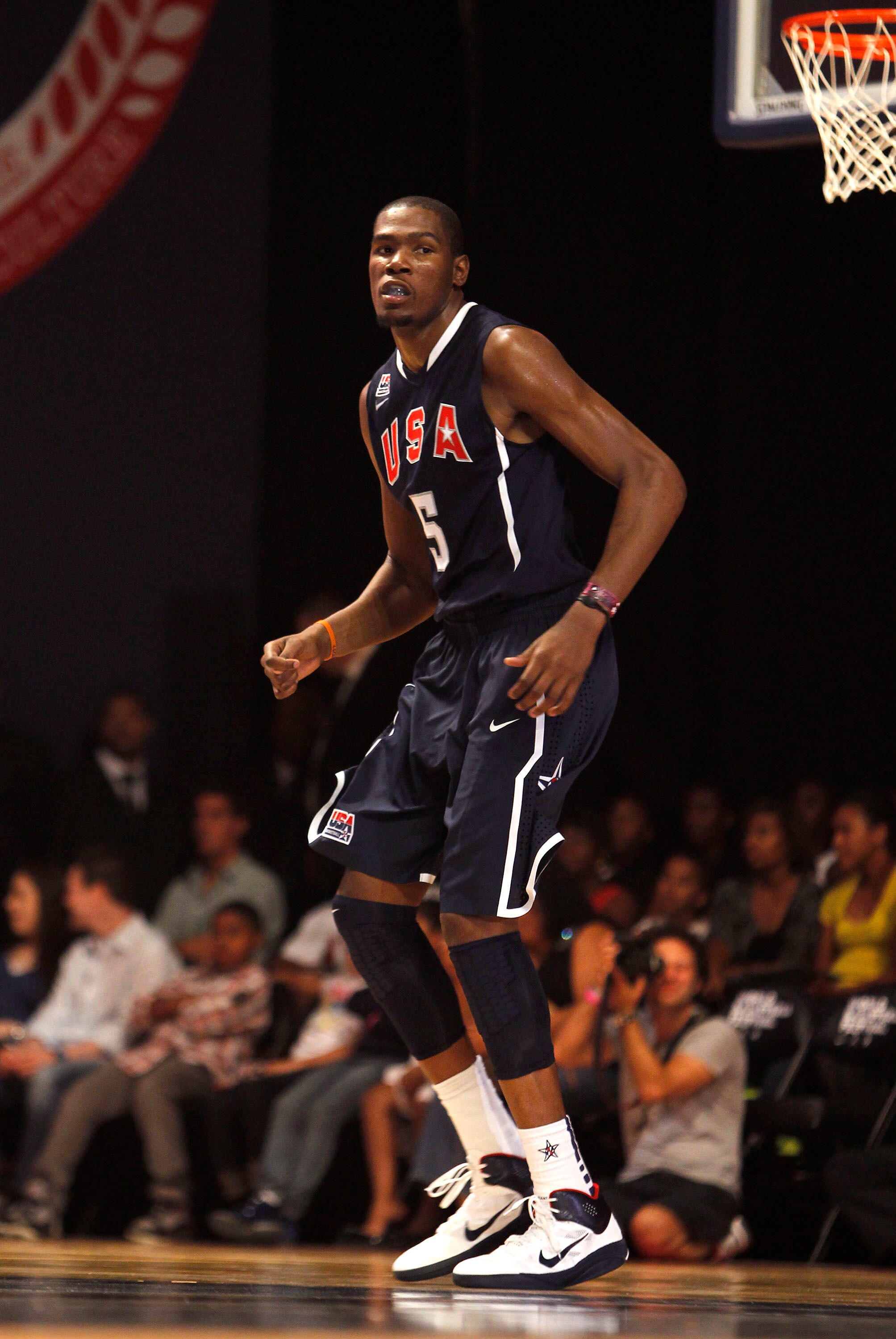 NEW YORK CITY, NY - AUGUST 12:  Kevin Durant #5 looks on during the World Basketball Festival USAB Showcase at Radio City Music Hall on August 12, 2010 in New York City. (Photo by Chris Trotman/Getty Images for Nike)