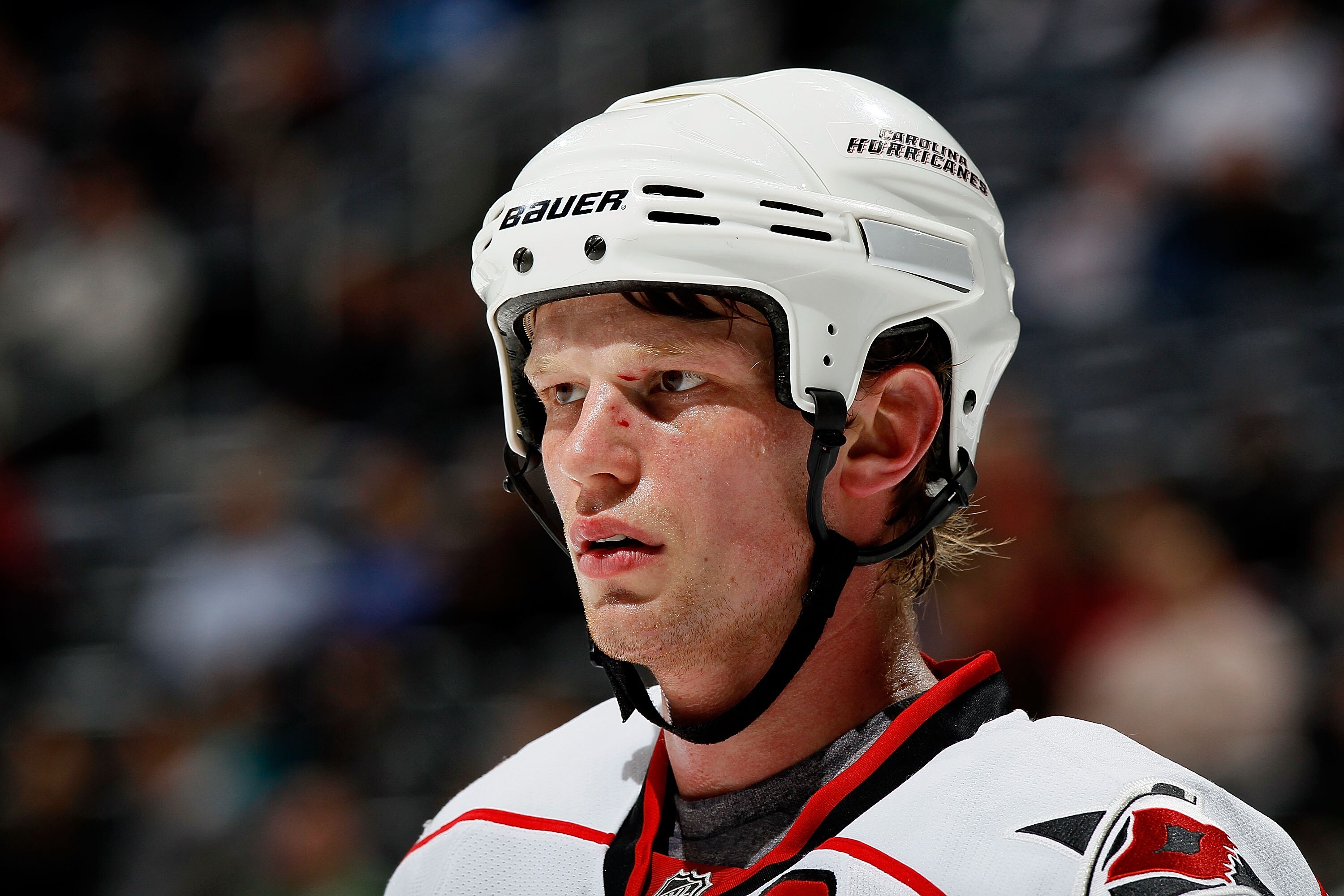 ATLANTA - MARCH 29:  Eric Staal #12 of the Carolina Hurricanes stands before a face off against the Atlanta Thrashers at Philips Arena on March 29, 2010 in Atlanta, Georgia.  (Photo by Kevin C. Cox/Getty Images)