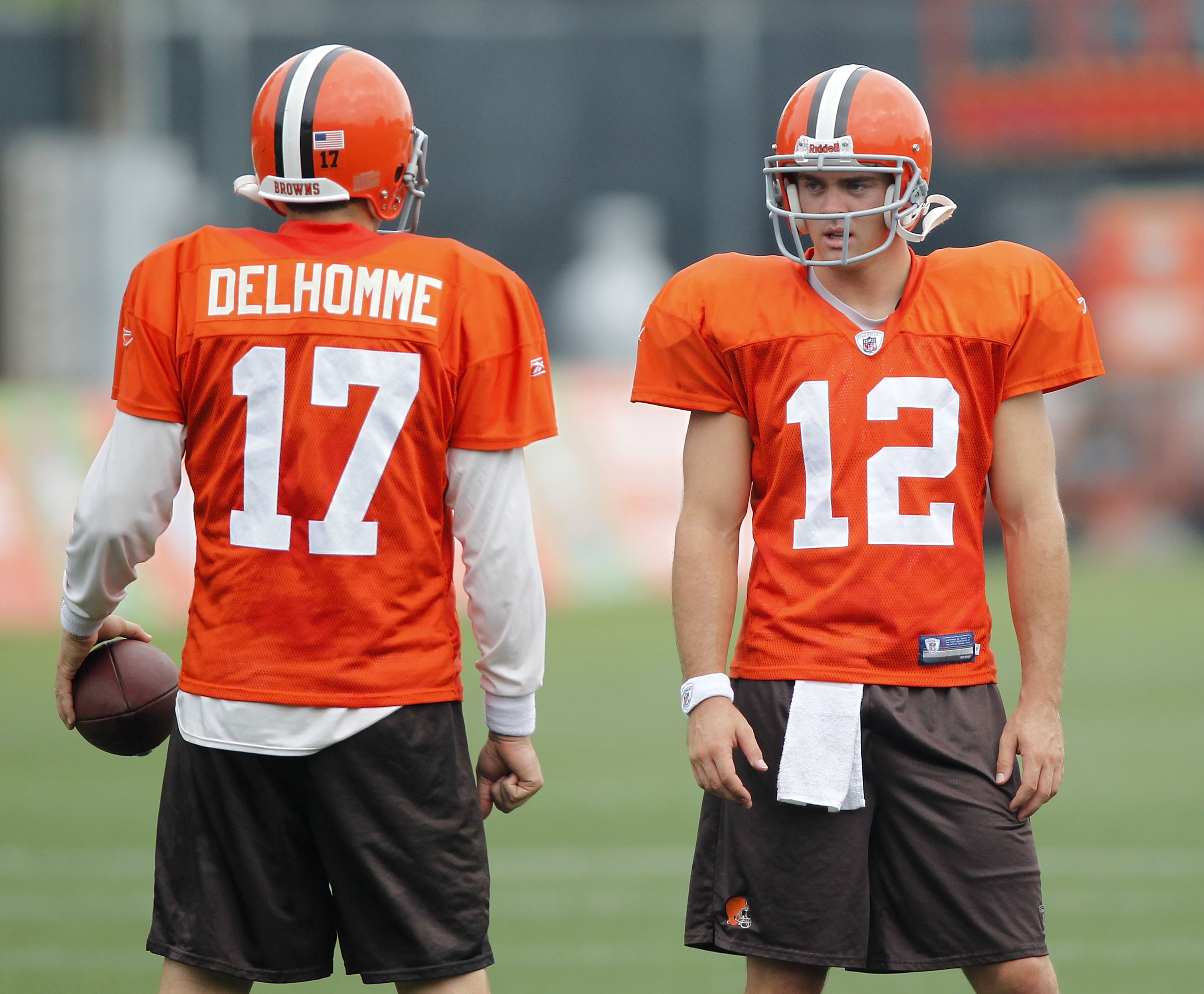 BEREA, OH - AUGUST 04: Jake Delhomme #17 and Colt McCoy #12 of the Cleveland Browns stand next to each other during training camp at the Cleveland Browns Training and Administrative Complex on August 4, 2010 in Berea, Ohio. (Photo by Gregory Shamus/Gett BEREA, OH - AUGUST 04: Jake Delhomme #17 and Colt McCoy #12 of the Cleveland Browns stand next to each other during training camp at the Cleveland Browns Training and Administrative Complex on August 4, 2010 in Berea, Ohio. (Photo by Gregory Shamus/Gett