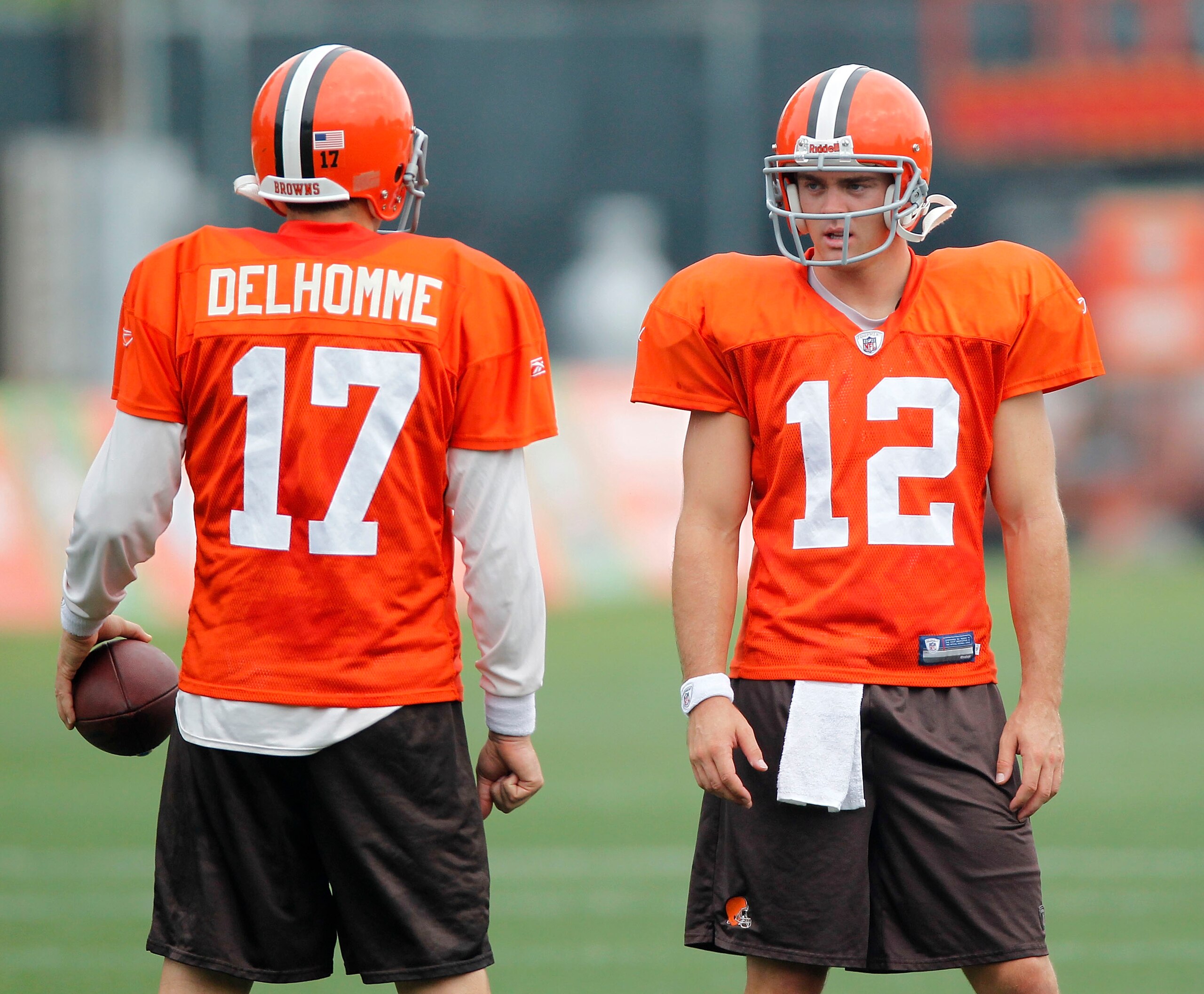 BEREA, OH - AUGUST 04:  Jake Delhomme #17 and Colt McCoy #12 of the Cleveland Browns stand next to each other during training camp at the Cleveland Browns Training and Administrative Complex on August 4, 2010 in Berea, Ohio.  (Photo by Gregory Shamus/Gett