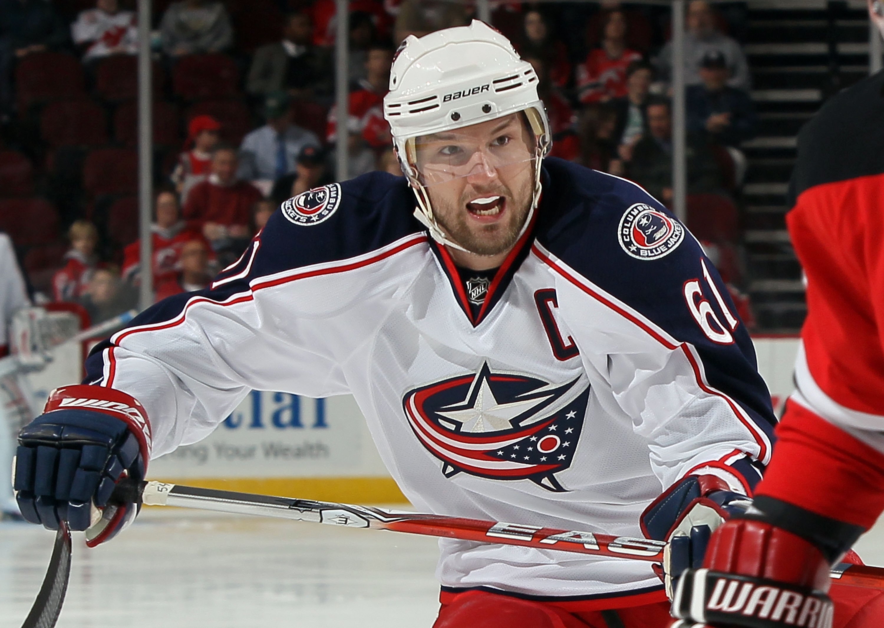 NEWARK, NJ - MARCH 23:  Rick Nash #61 of the Columbus Blue Jackets skates against the New Jersey Devils at the Prudential Center on March 23, 2010 in Newark, New Jersey. The Devils defeated the Blue Jackets 6-3.  (Photo by Jim McIsaac/Getty Images)