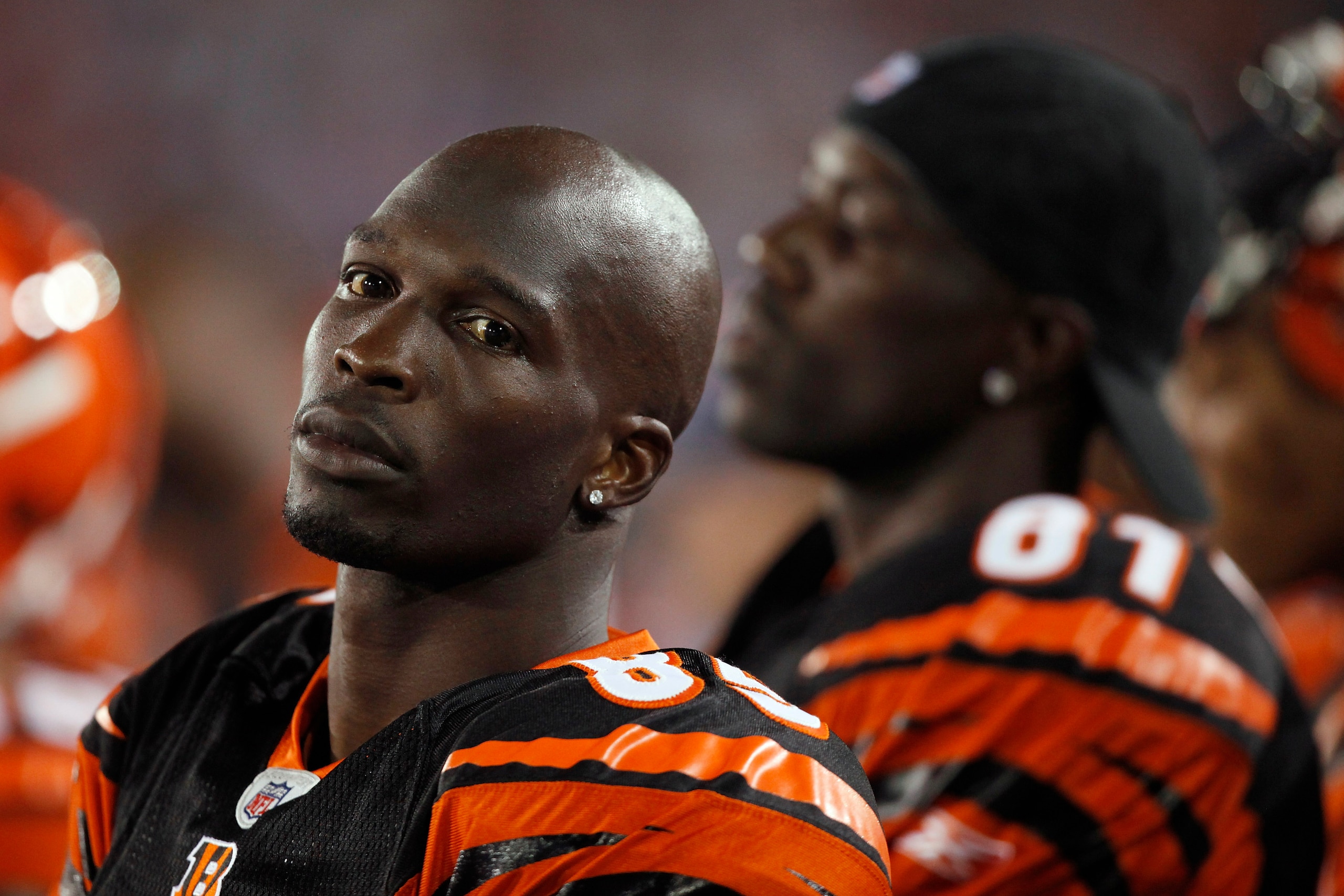 CANTON, OH - AUGUST 8: Chad Ochocinco #85 and Terrell Owens #81 of the Cincinnati Bengals look on against the Dallas Cowboys during the 2010 Pro Football Hall of Fame Game at the Pro Football Hall of Fame Field at Fawcett Stadium on August 8, 2010 in Cant CANTON, OH - AUGUST 8: Chad Ochocinco #85 and Terrell Owens #81 of the Cincinnati Bengals look on against the Dallas Cowboys during the 2010 Pro Football Hall of Fame Game at the Pro Football Hall of Fame Field at Fawcett Stadium on August 8, 2010 in Cant