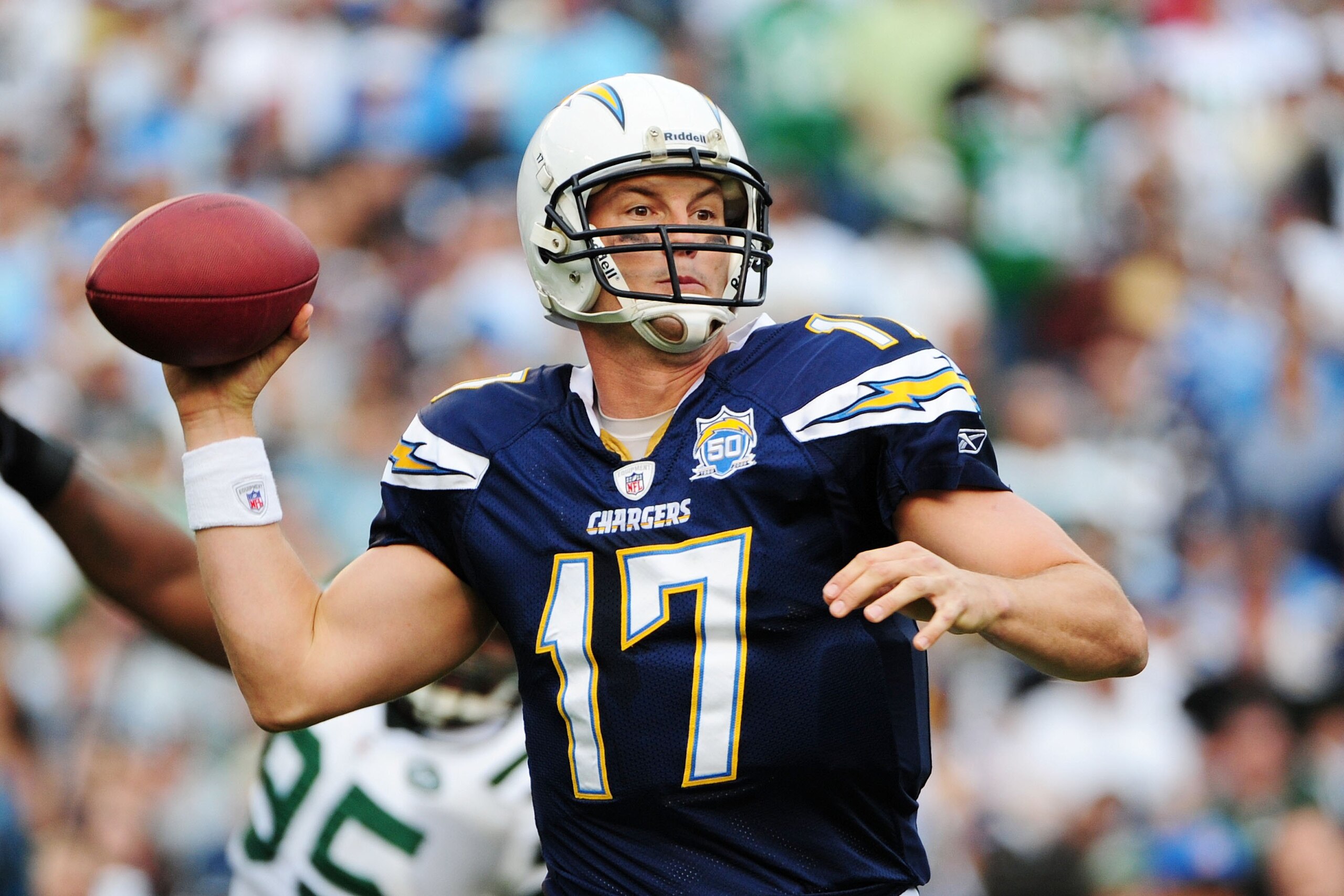SAN DIEGO - JANUARY 17:  Quarterback Philip Rivers #17 of the San Diego Chargers looks to pass against the New York Jets during the AFC Divisional Playoff Game at Qualcomm Stadium on January 17, 2010 in San Diego, California.  (Photo by Robert Laberge/Get