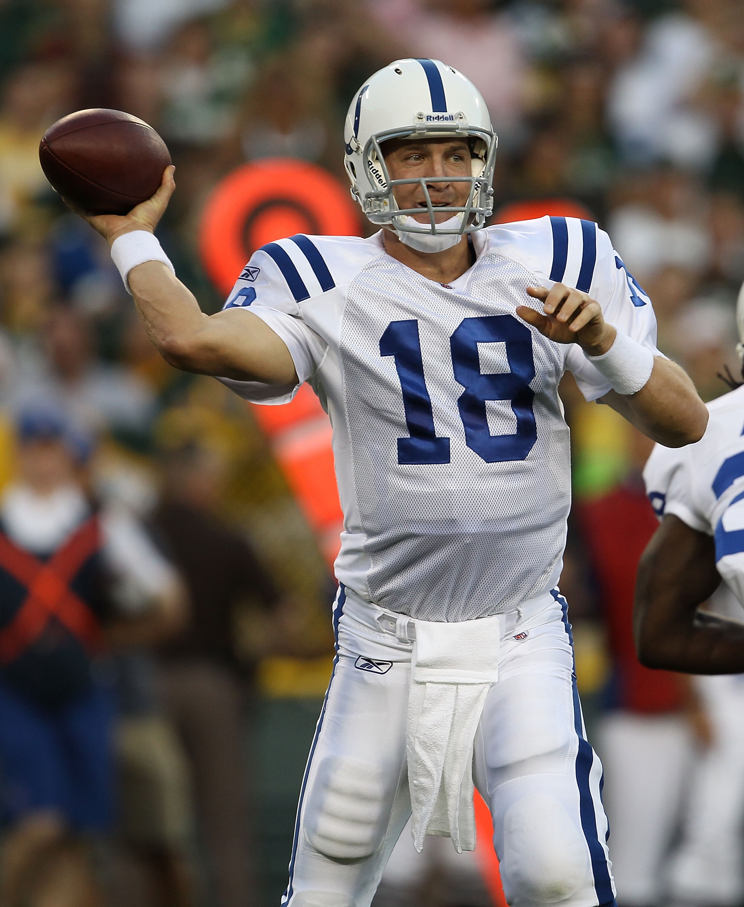 GREEN BAY, WI - AUGUST 26: Peyton Manning #18 of the Indianapolis Colts throws a pass against the Green Bay Packers during a preseason game at Lambeau Field on August 26, 2010 in Green Bay, Wisconsin.  The Packers defeated the Colts 59-24.  (Photo by Jona