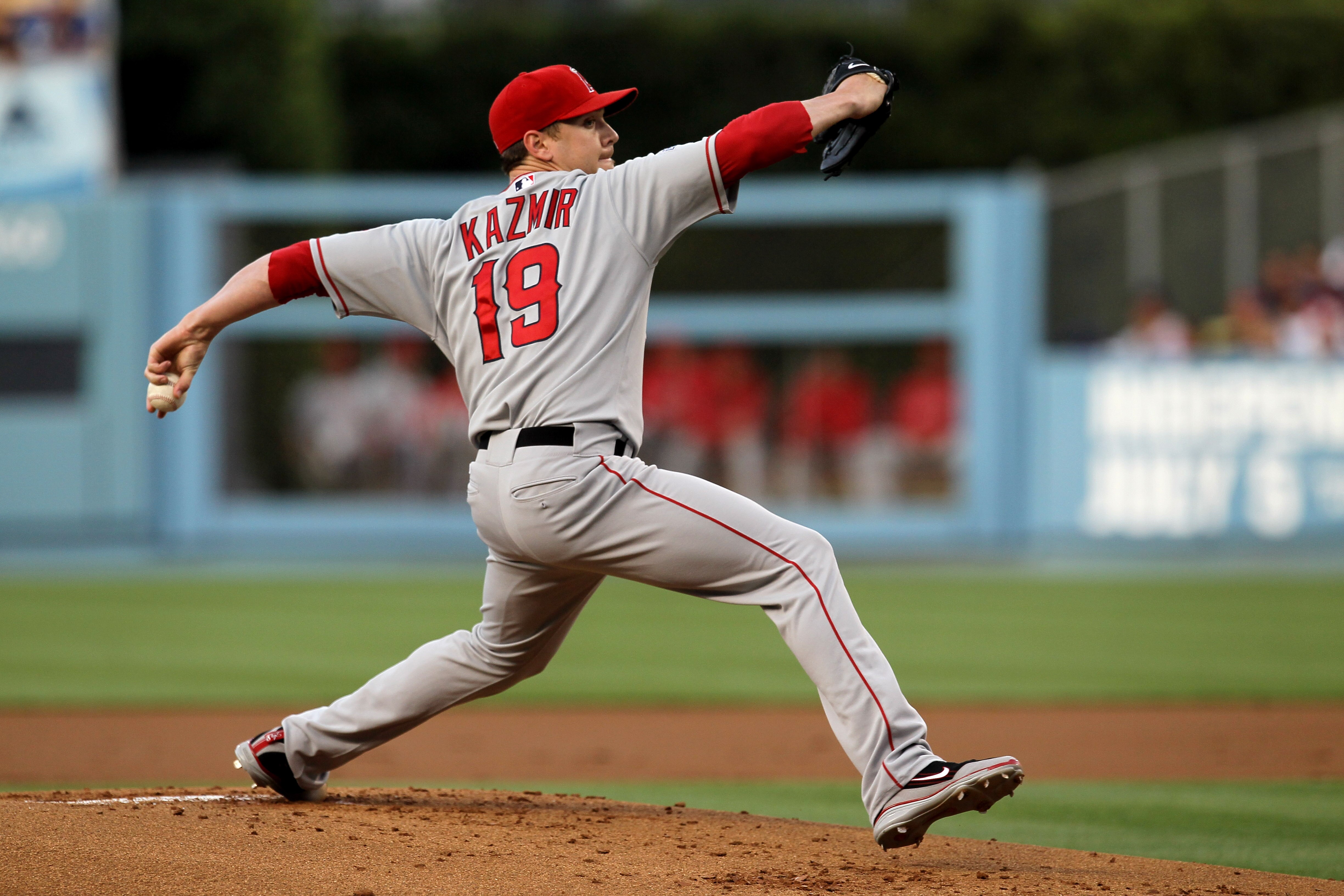 LOS ANGELES, CA - JUNE 12:  Scott Kazmir #19 of the Los Angeles Angels of Anaheim throws a pitch against the Los Angeles Dodgers on June 12, 2010 at Dodger Stadium in Los Angeles, California.  (Photo by Stephen Dunn/Getty Images)