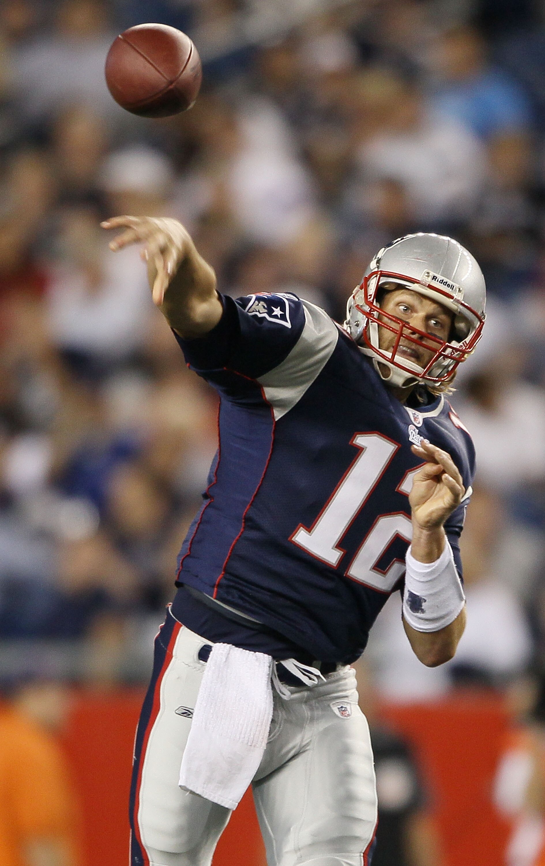 FOXBORO, MA - AUGUST 26: Tom Brady #12 of the New England Patriots throws the ball in the third quarter against the St. Louis Rams on August 26, 2010 at Gillette Stadium in Foxboro, Massachusetts. The Rams defeated the Patriots 36-35.  (Photo by Elsa/Gett