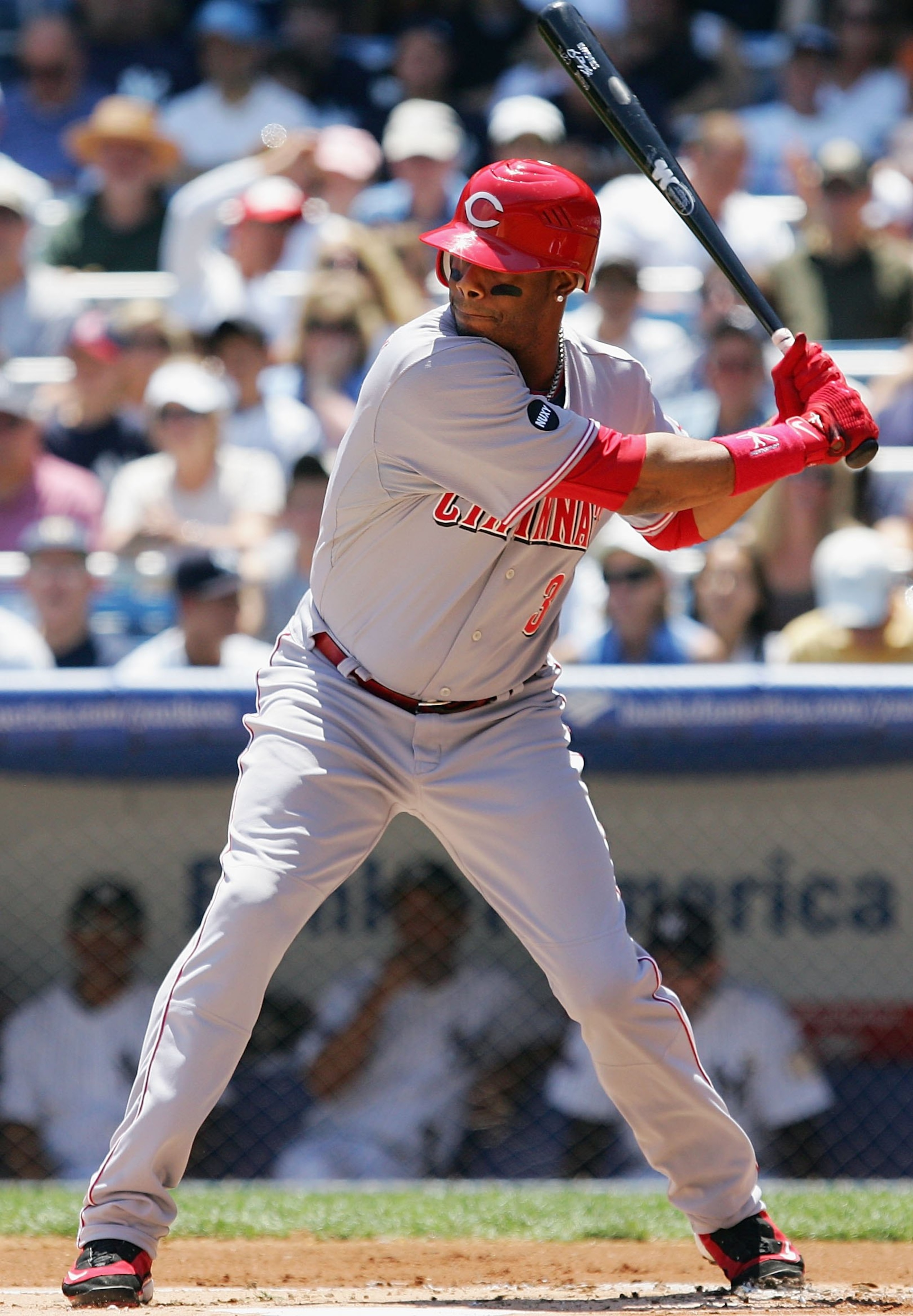 NEW YORK - JUNE 21: Ken Griffey Jr. #3 of the Cincinnati Reds bats against the New York Yankees on June 21, 2008 at Yankee Stadium in the Bronx borough of New York City. The Reds won the game 6-0.(Photo by Jim McIsaac/Getty Images)