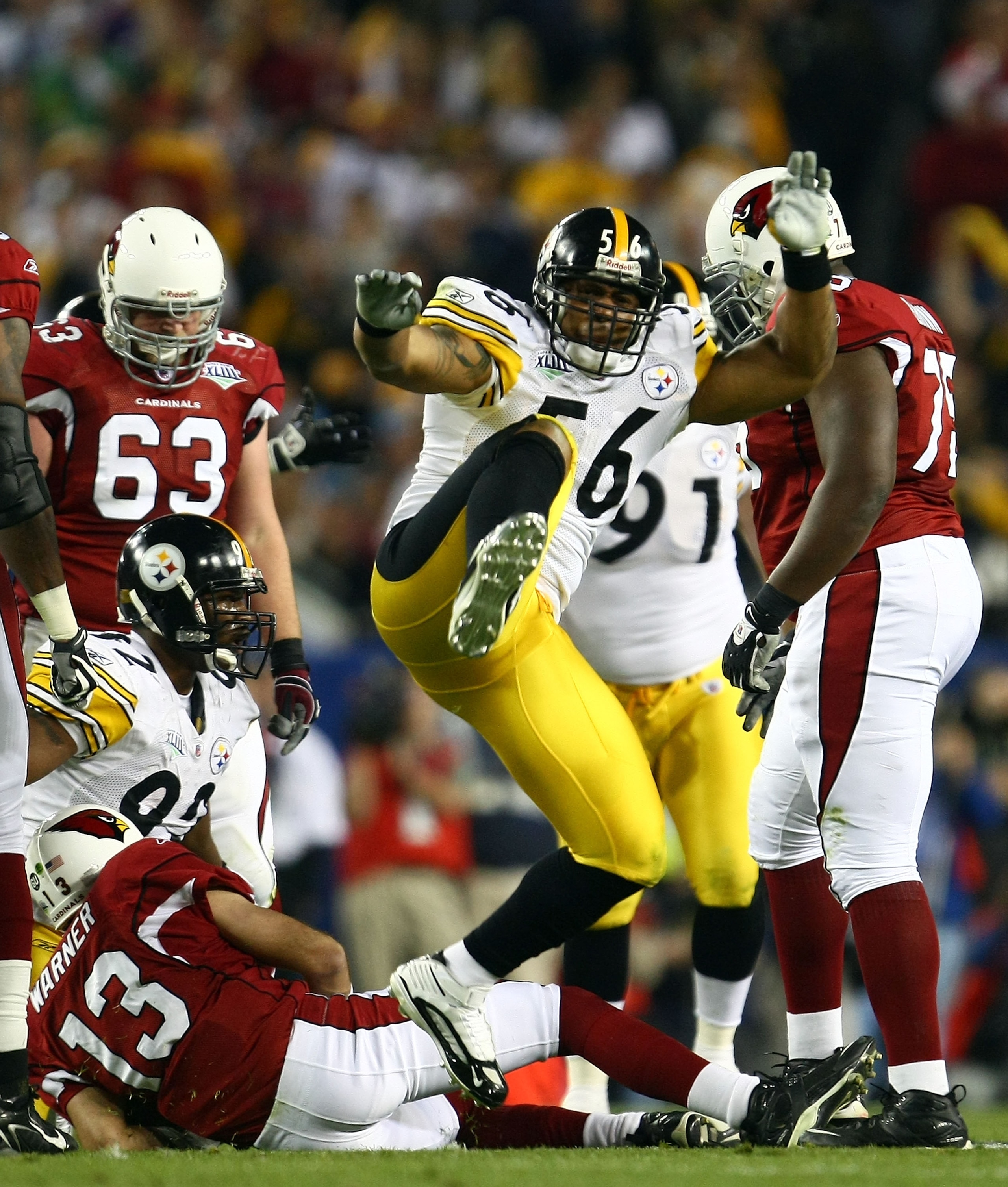 TAMPA, FL - FEBRUARY 01:  LaMarr Woodley #56 of the Pittsburgh Steelers reacts after he sacked quarterback Kurt Warner #13 of the Arizona Cardinals during Super Bowl XLIII on February 1, 2009 at Raymond James Stadium in Tampa, Florida.  (Photo by Chris Mc