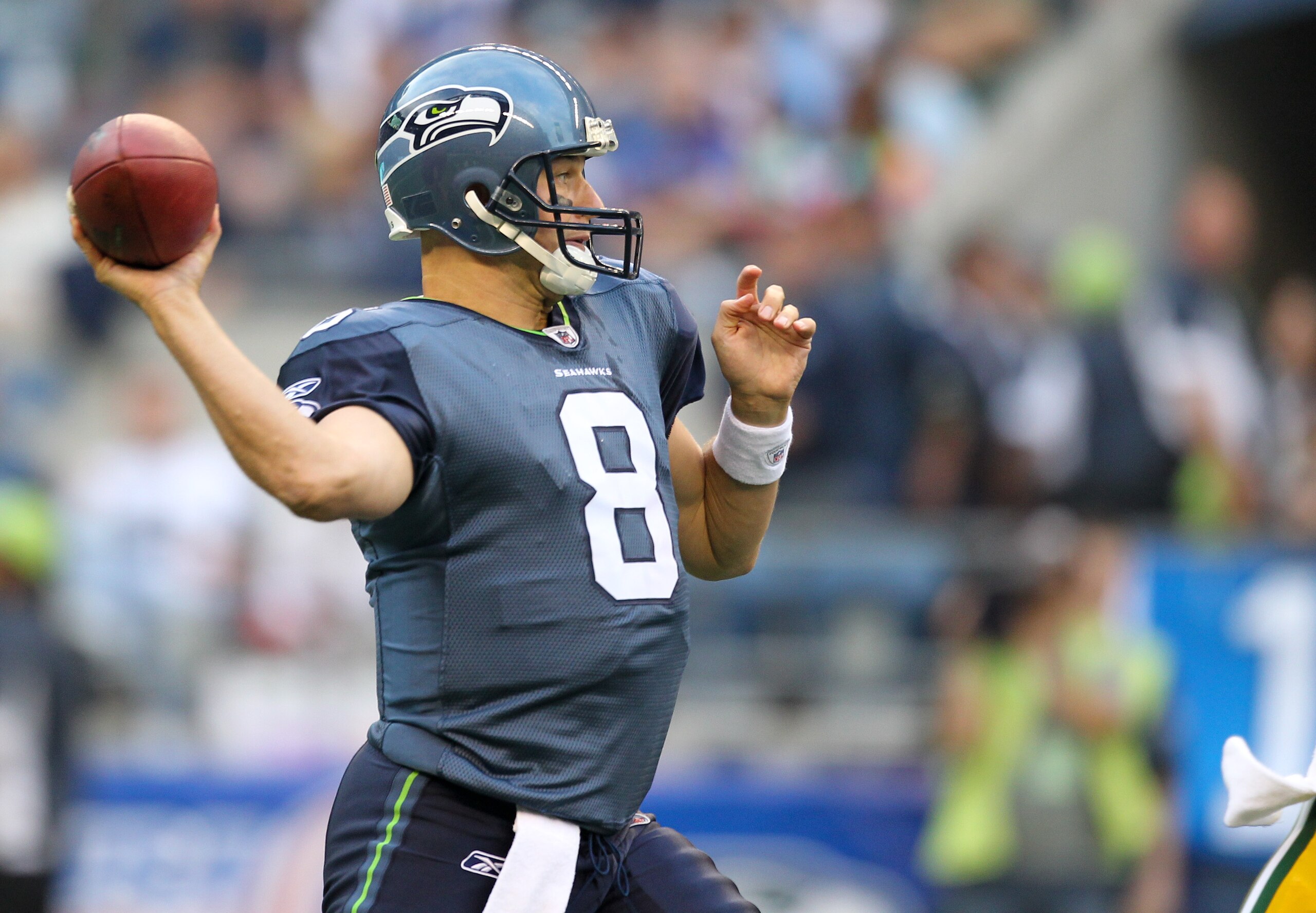 SEATTLE - AUGUST 21:  Quarterback Matt Hasselbeck #8 of the Seattle Seahawks passes during the preseason game against the Green Bay Packers at Qwest Field on August 21, 2010 in Seattle, Washington. (Photo by Otto Greule Jr/Getty Images)