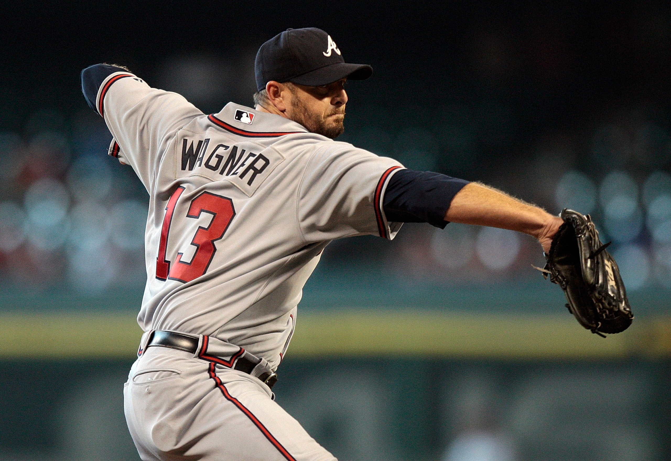HOUSTON - AUGUST 11:  Pitcher Billy Wagner #13 of the Atlanta Braves throws in the ninth inning against the Houston Astros at Minute Maid Park on August 11, 2010 in Houston, Texas.  (Photo by Bob Levey/Getty Images)