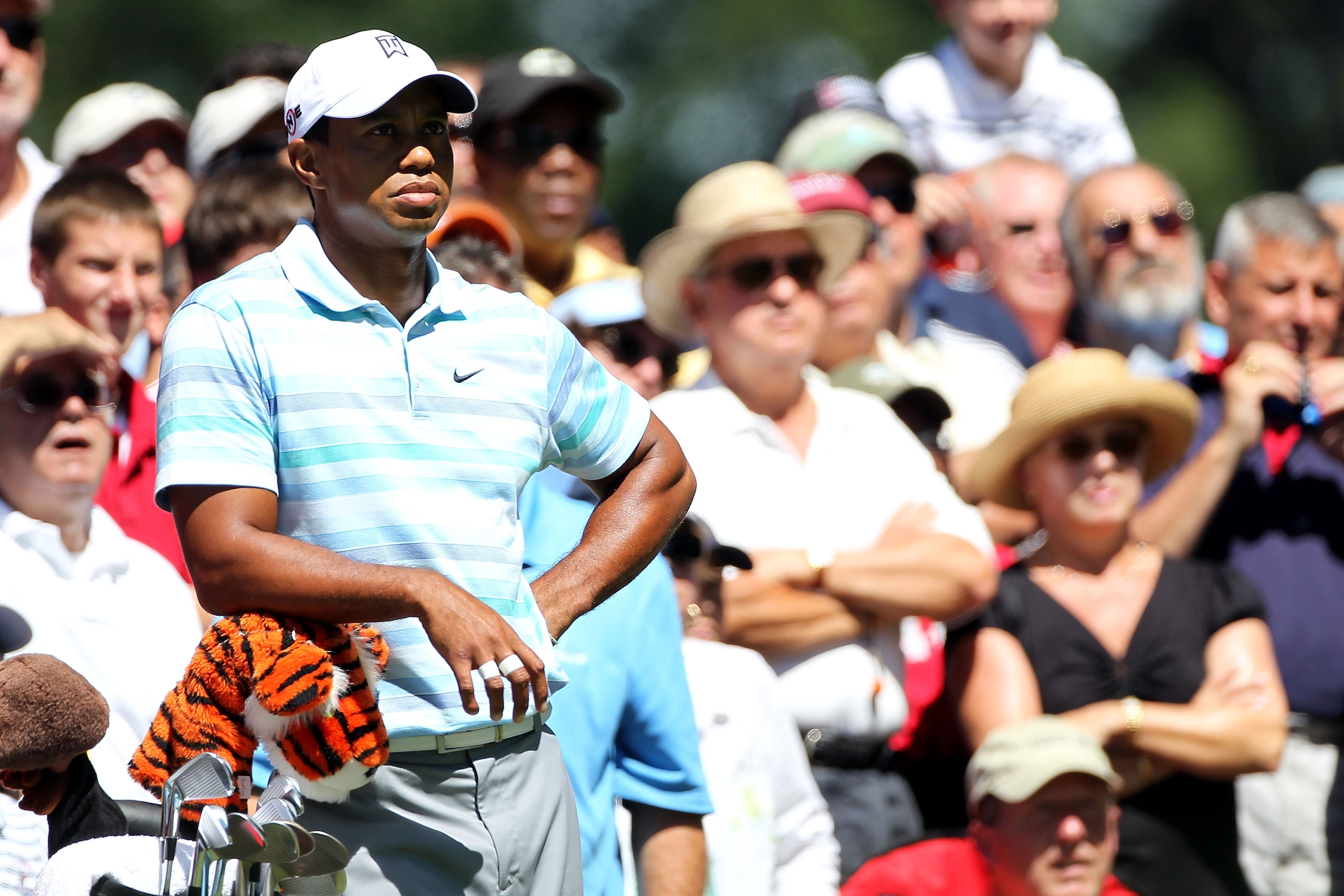 PARAMUS, NJ - AUGUST 27:  Tiger Woods looks on from the tenth hole tee box during the second round of The Barclays at the Ridgewood Country Club on August 27, 2010 in Paramus, New Jersey.  (Photo by Hunter Martin/Getty Images)