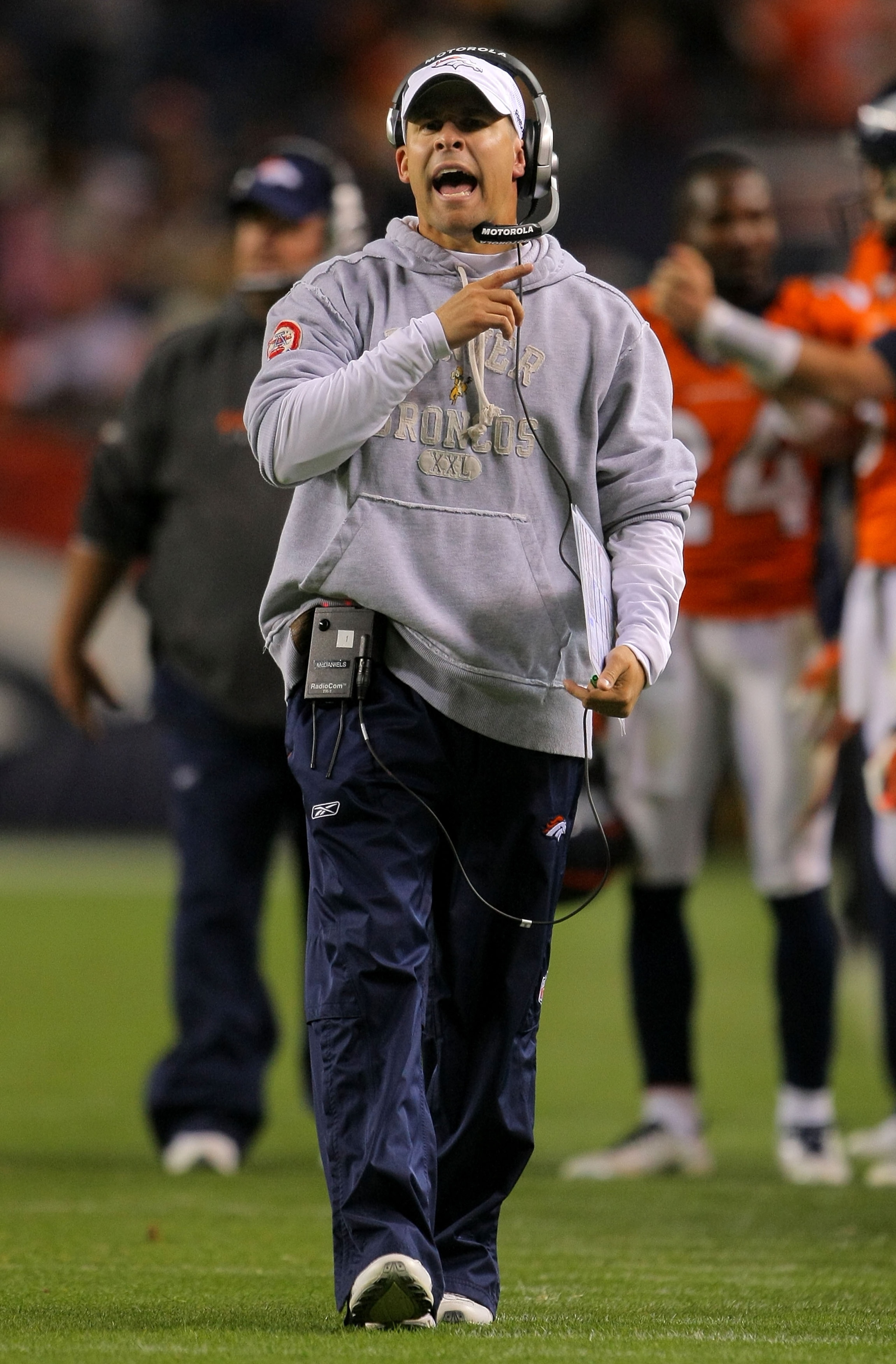 DENVER - NOVEMBER 09:  Head coach Josh McDaniels of the Denver Broncos works the sidelines as he faces the Pittsburgh Steelers during NFL action at Invesco Field at Mile High on November 9, 2009 in Denver, Colorado. The Steelers defeated the Broncos 28-10